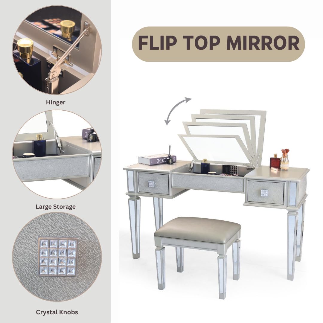 Classic Silver Makeup Vanity Desk with Mirror, Drawers & Stool - Flip-Up Dressing Table for Bedroom, Studio & Home Beauty Space - Perfect for Makeup Application, Hair Styling & Vanity Organization