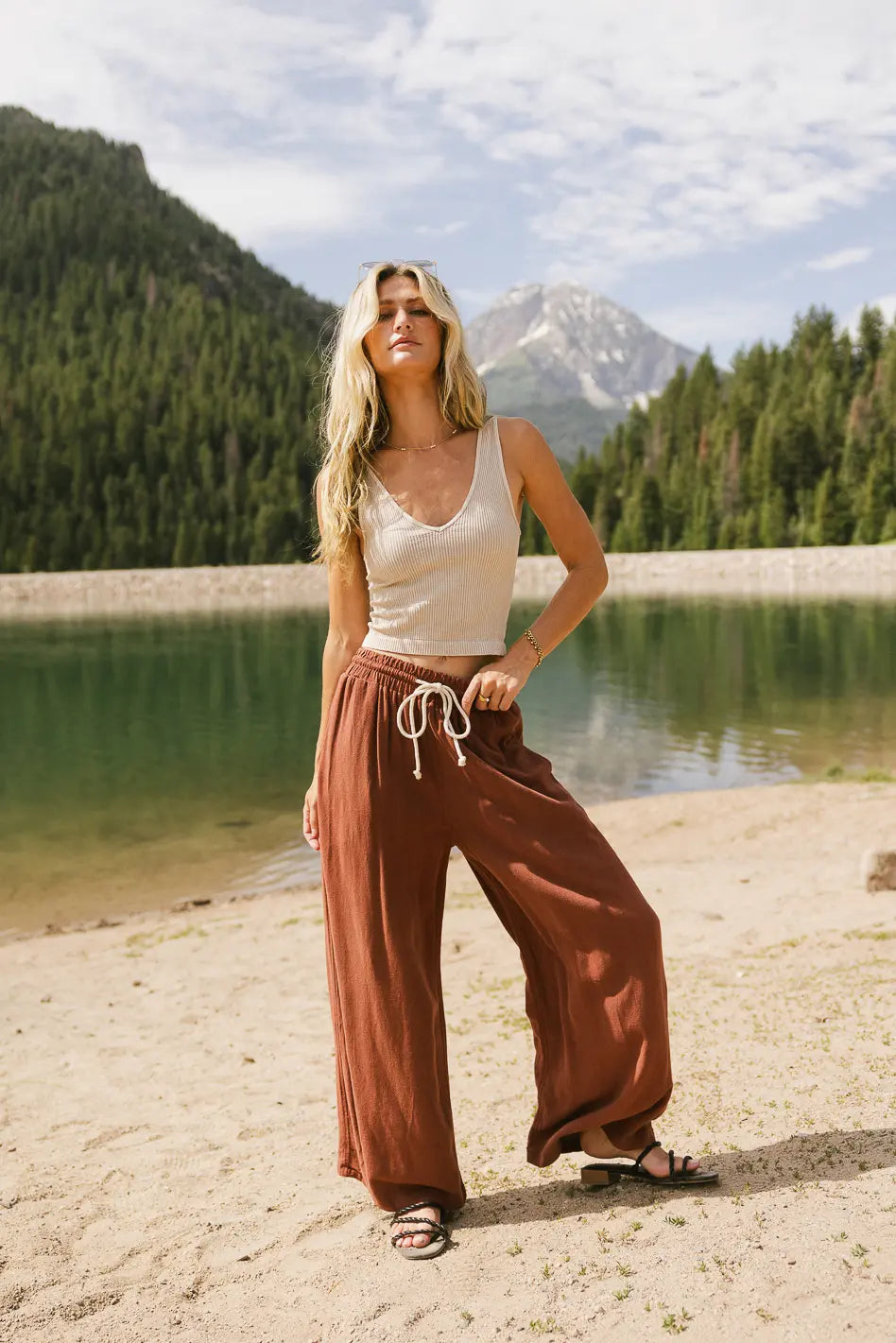 Nico Women's High Waisted Wide Leg Pants in Rust Color - Comfortable Linen Blend Trousers for Work, Office & Casual Outfits
