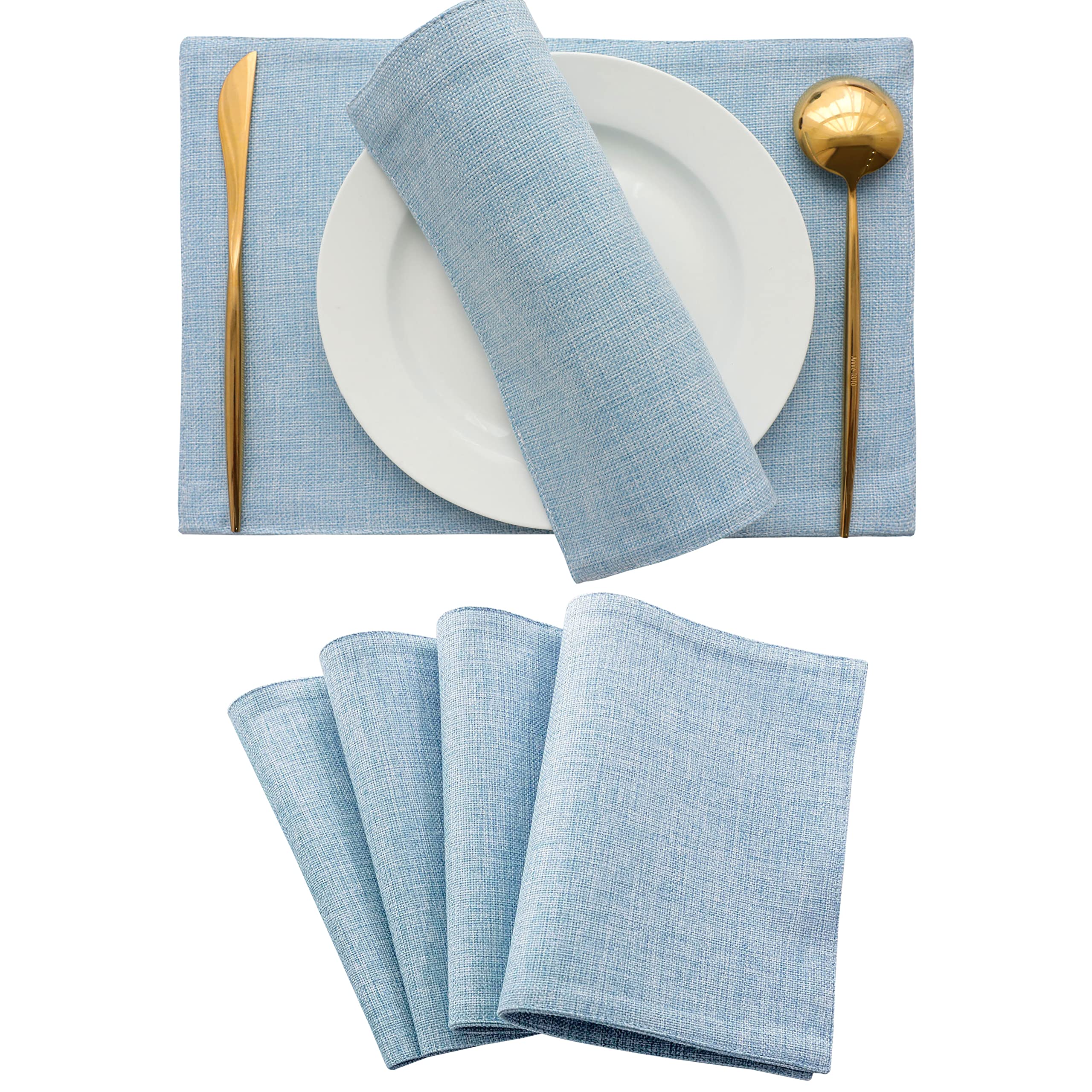 Demetex Blue Placemats Set of 4 - Heat Resistant Farmhouse Boho Style Burlap Cloth Dining Table Mats for Kitchen & Home Decor - Perfect for Casual Dinners, Parties, and Everyday Use