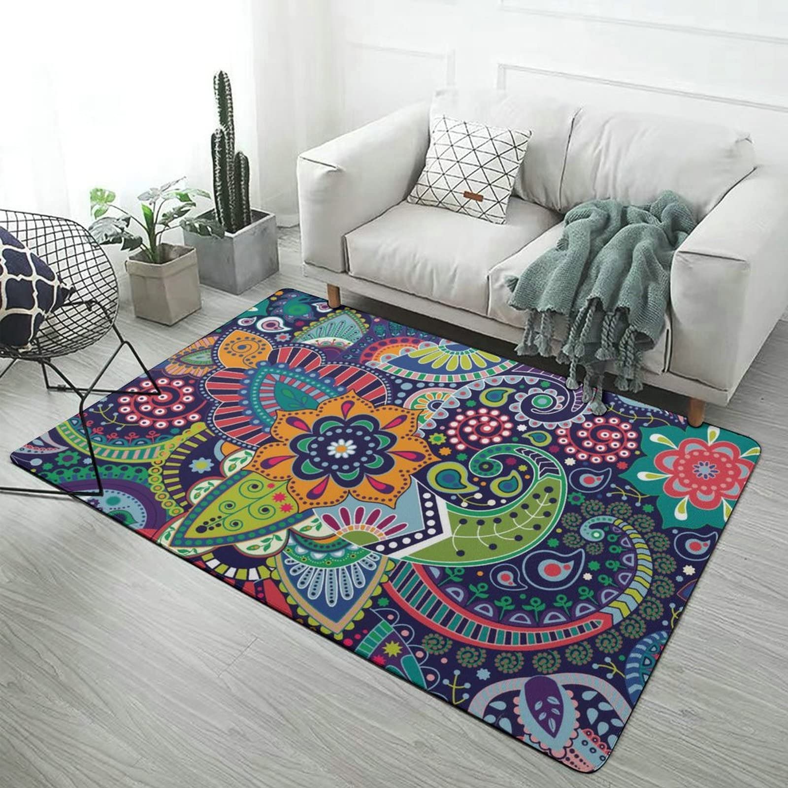 Boho Paisley Floral Aztec Kids Rug - Non-Slip Foldable Area Carpet 5x6.5ft for Girls Teen Room Decor - Perfect for Bedroom, Living Room, Nursery, Playroom, Dorm & Dining Room Floor Mat