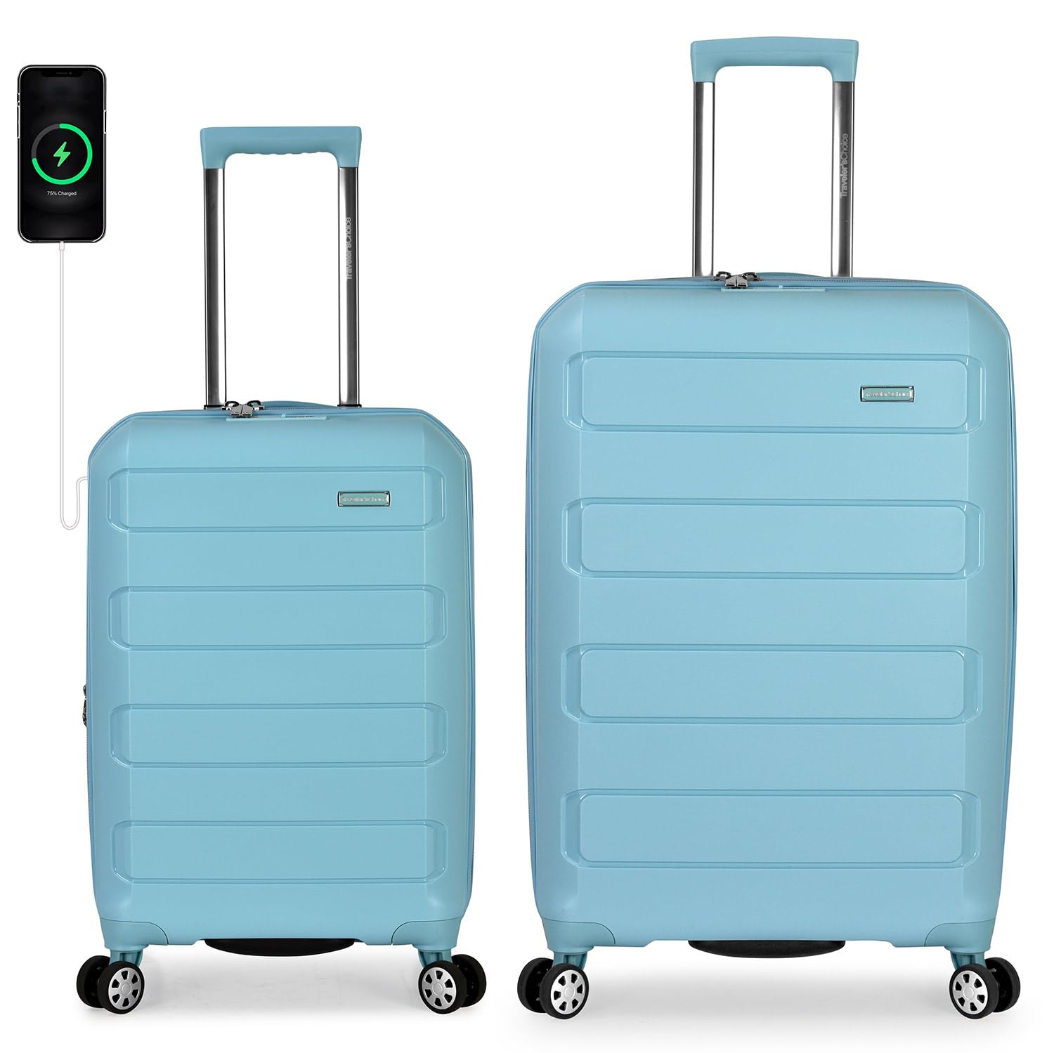 Traveler's Choice Pagosa Durable Expandable Hardshell Spinner Luggage Set (22/26 Inch) - Baby Blue - 2-Piece Carry-On & Checked Suitcase for Air Travel & Family Vacations