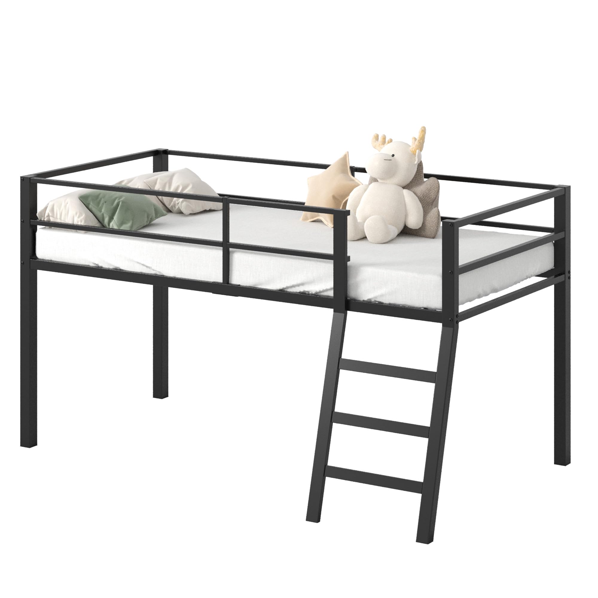 Low Loft Bed Twin Size - Sturdy Metal Junior Loft Bed with Stairs & Safety Rail | Quiet Design for Small Bedrooms | Black | Perfect for Kids' Rooms, Dorms & Space-Saving Bedroom Solutions