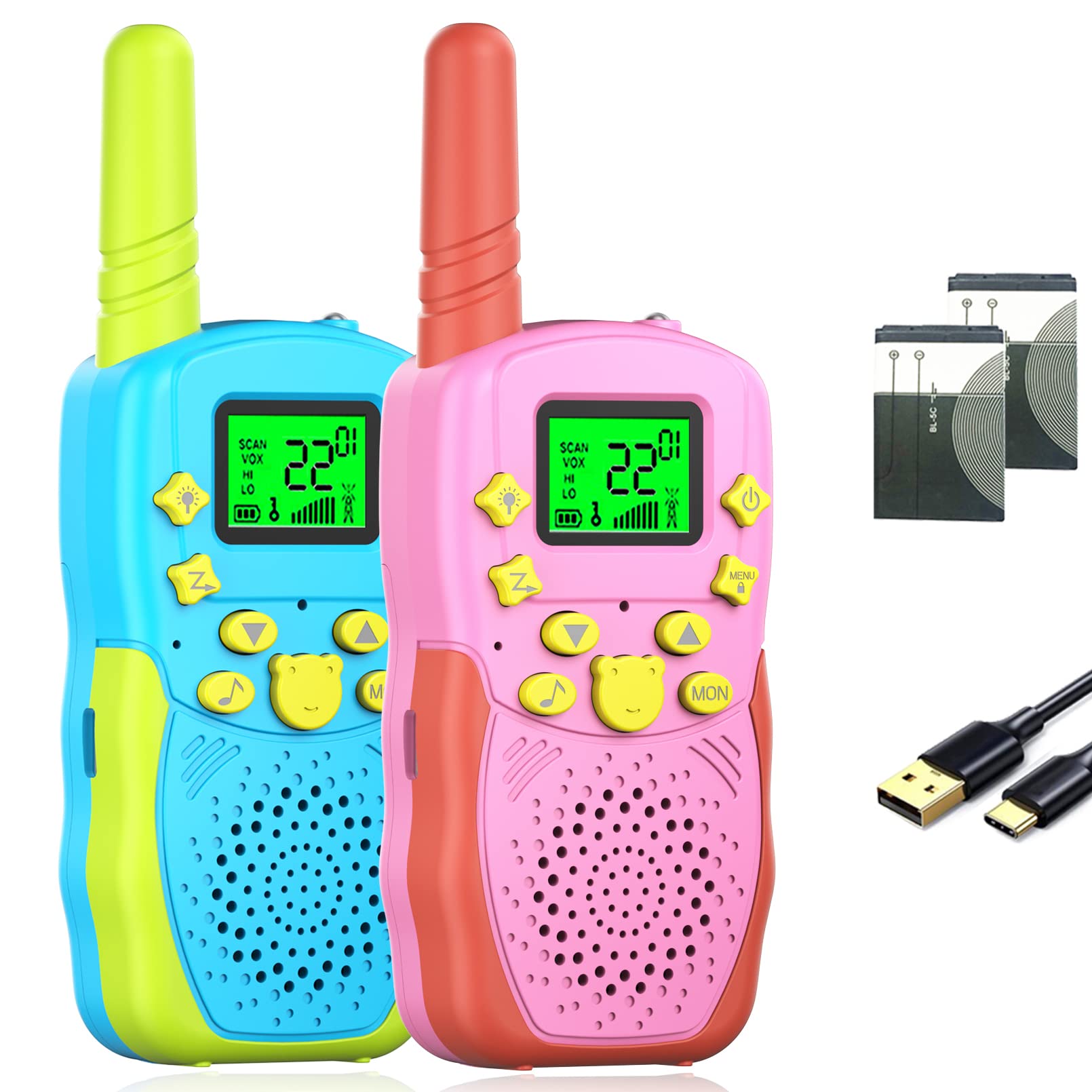 **POKPOW Rechargeable Walkie Talkies for Kids - 2 Pack Long Range 22-Channel Two-Way Radios, Outdoor Toys for Boys & Girls Ages 3-12 - Perfect for Camping, Hiking, Birthday, Christmas & Easter Gifts (Blue & Pink)**