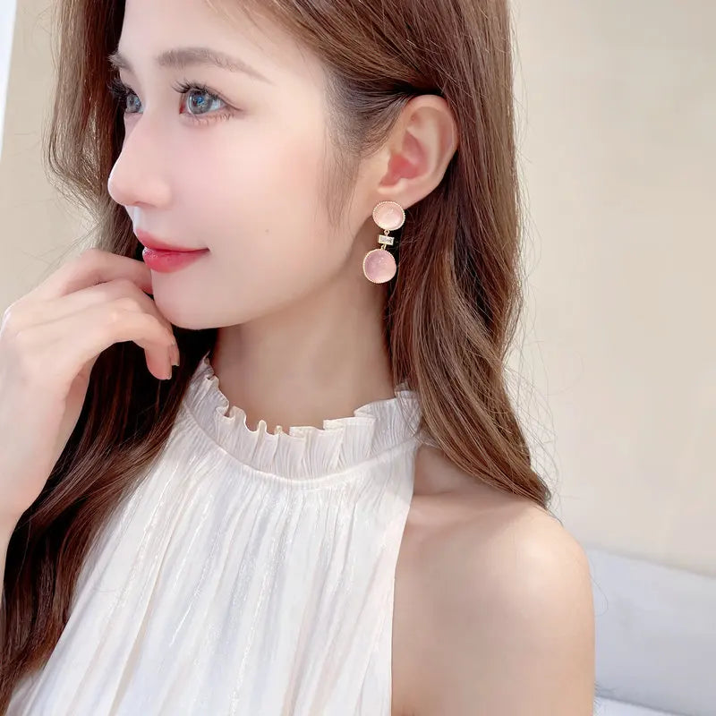 Stylish Geometric Opal Stud Earrings for Women - Minimalist French Design Round Earrings - Perfect for Everyday Wear, Office & Date Nights