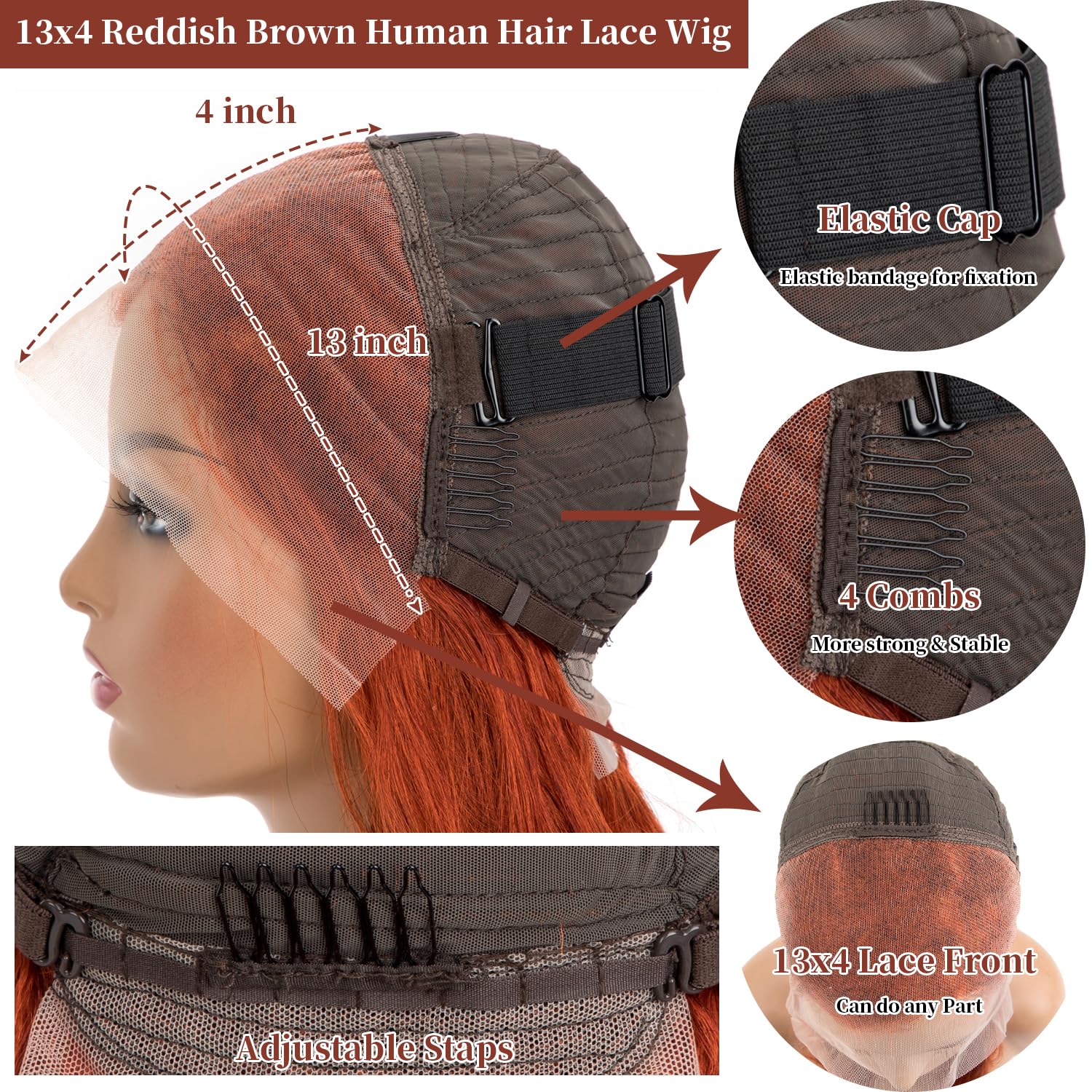 13x4 HD Transparent Lace Front Wig 180% Density - Reddish Brown Body Wave Human Hair Wig with Baby Hair | Auburn Copper Glueless Lace Frontal Wig for Women (28 Inch) | Perfect for Cosplay, Daily Wear & Special Occasions