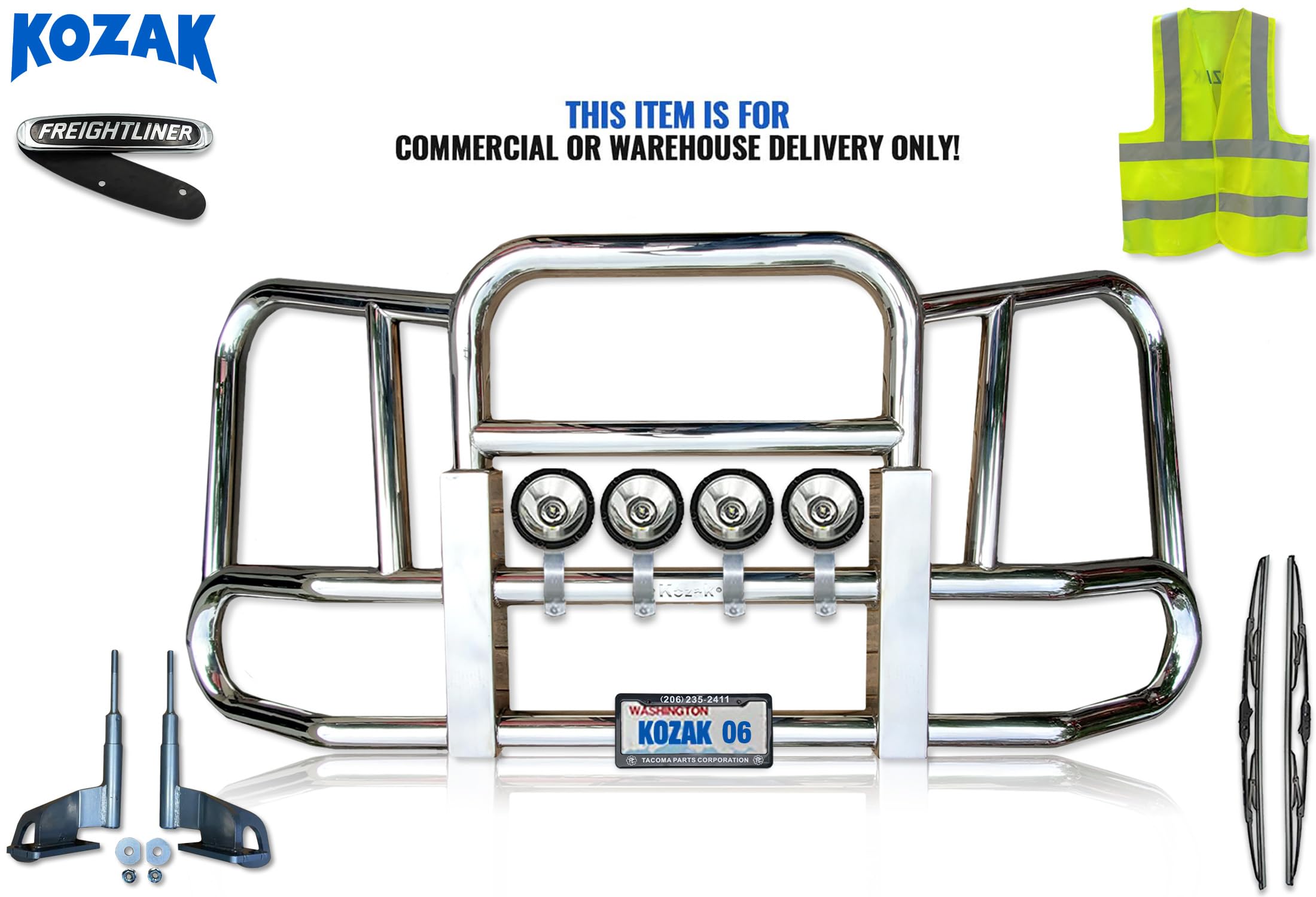 Freightliner Cascadia 2008-2017 Grille Guard with LED Lights & Wipers - Heavy Duty Truck Protection for Deer & Moose Collisions