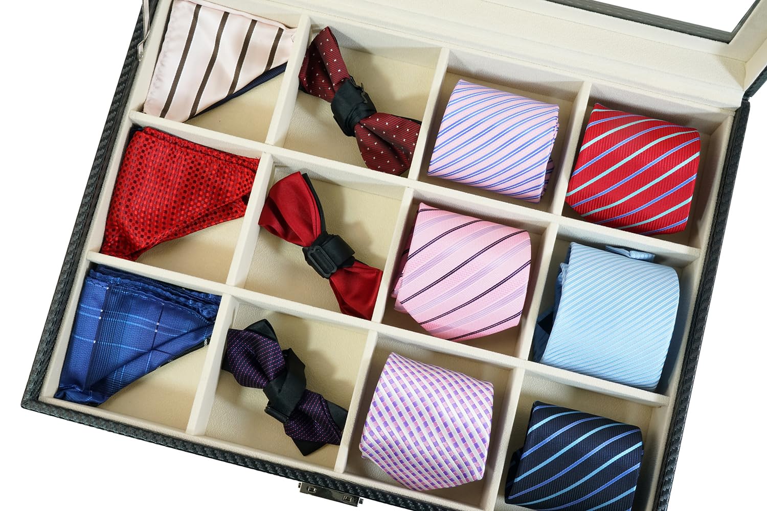 Premium Black Carbon Fiber Tie & Belt Organizer - Holds 12 Neckties, Belts & Men's Accessories | Durable Storage Case for Closet, Office & Travel | Perfect Father's Day Gift for Men