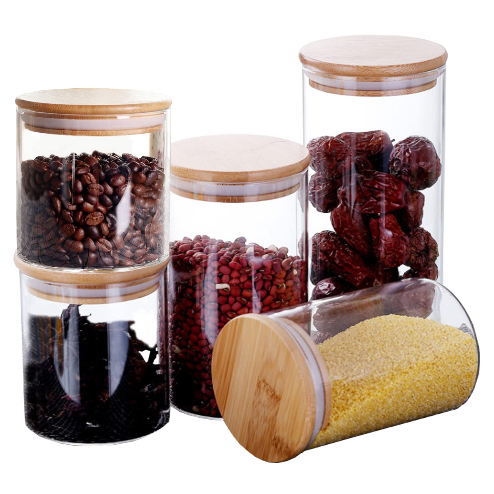 5-Piece Airtight Glass Food Storage Containers with Bamboo Lids - Stackable Kitchen Canisters for Sugar, Candy, Cookies, Flour, Nuts, Rice, Pasta & Spices | Perfect for Pantry Organization, Meal Prep & Bulk Food Storage