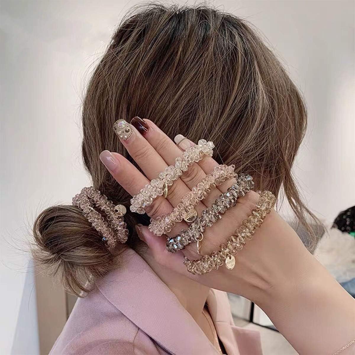 ADORNISH Crystal Hair Ties - Elegant White Elastic Scrunchies with Beaded Ponytail Holders for Women & Girls (3-Pack) | Perfect for Weddings, Parties & Everyday Hair Accessories