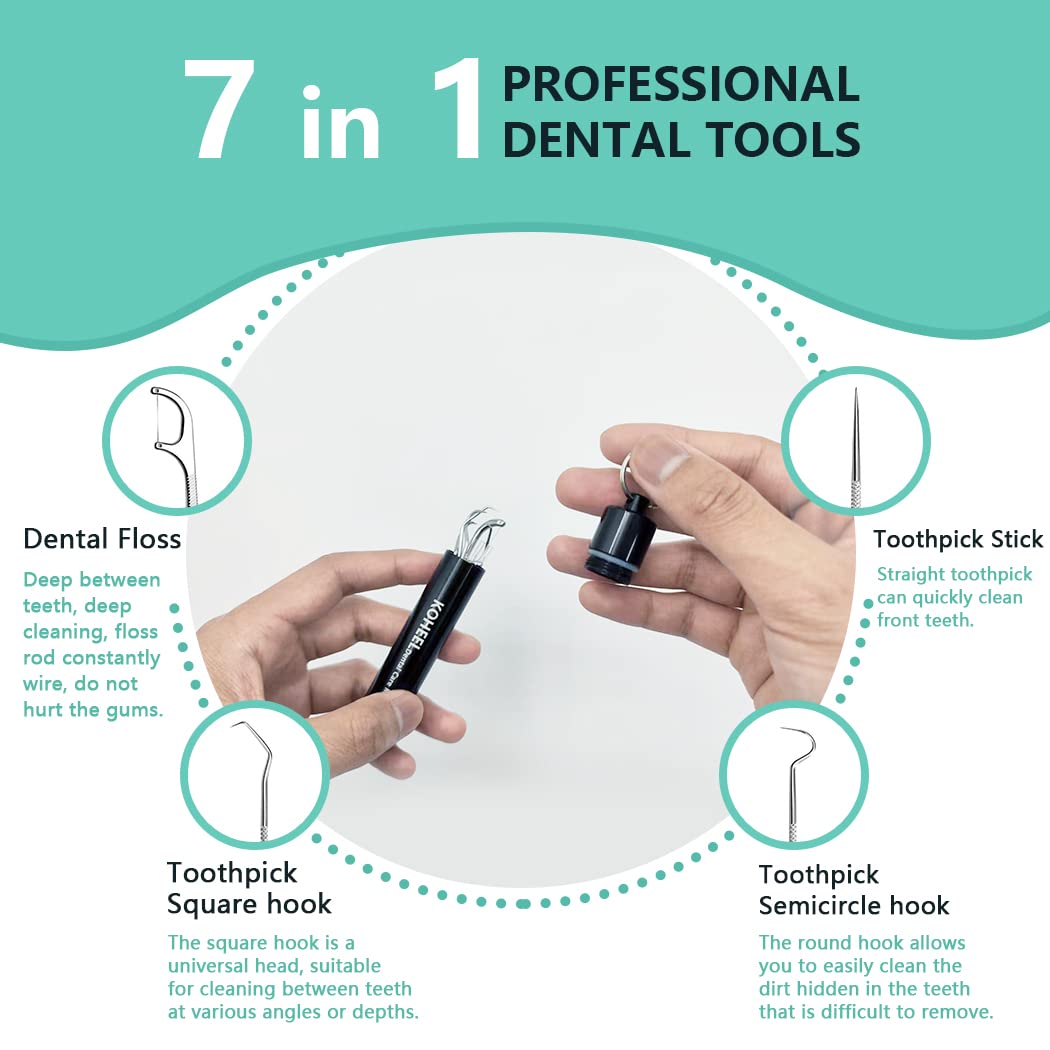 KOHEEL Professional Dental Tools Set with Metal Case - Teeth Cleaning Kit for Plaque Removal, Oral Hygiene Care & Stainless Steel Toothpicks - Reusable Dental Floss Picks & Tooth Picker (1 Pack) - Perfect for Home Dental Care, Travel & Professional Use
