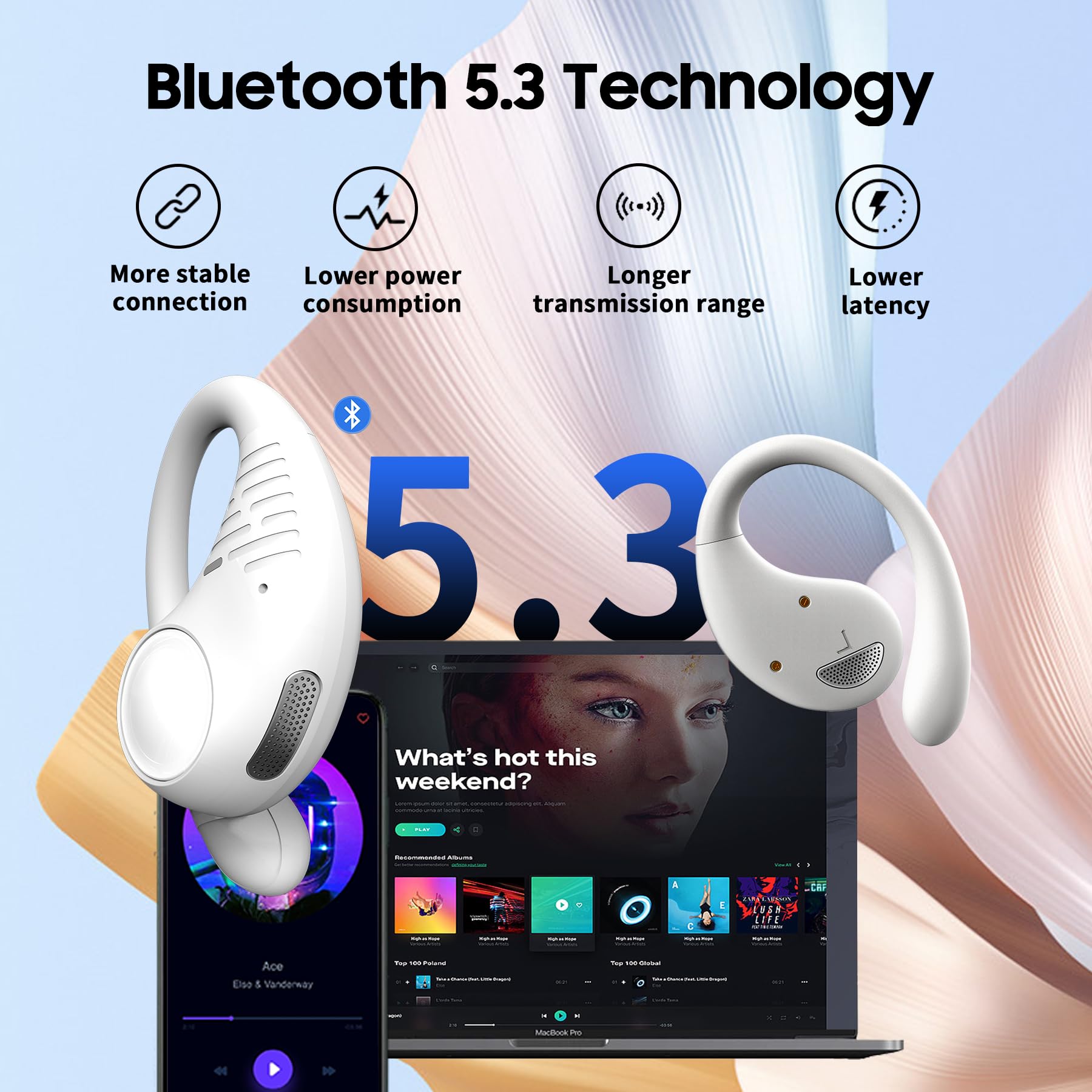 Blackview AirBuds 10 Open Ear Wireless Bluetooth 5.3 Headphones - IPX7 Waterproof Sport Earbuds with Earhooks & Dual Mic for Running, Workout, Cycling, Gym (White) | Perfect for Outdoor Activities & Fitness Enthusiasts