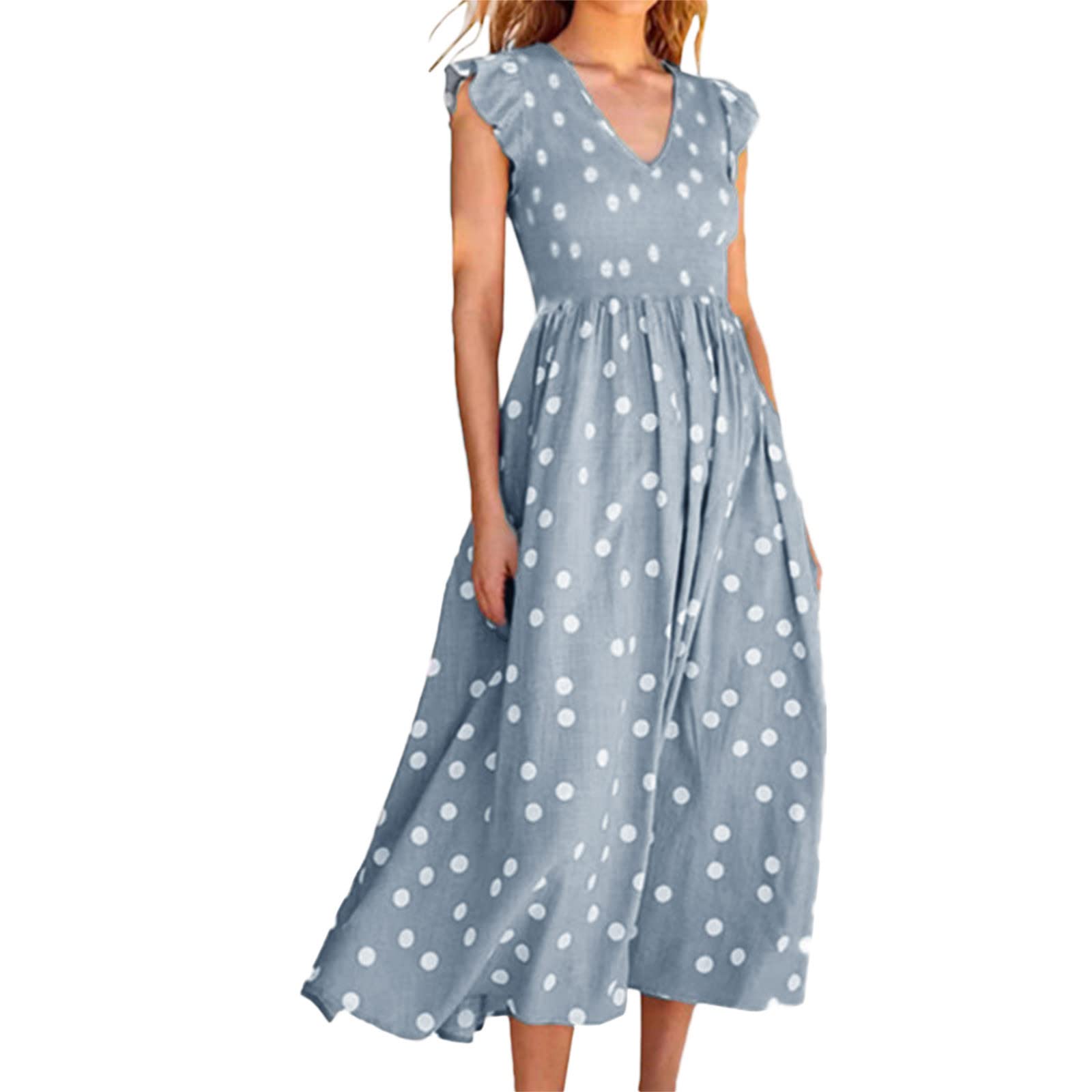 XIAwenYUAN Women's Summer Sleeveless Striped V-Neck Midi Dress - Halter Neck, Ruched Design with Tie Waist - Casual Beachwear, Vacation Outfit & Summer Party Dress
