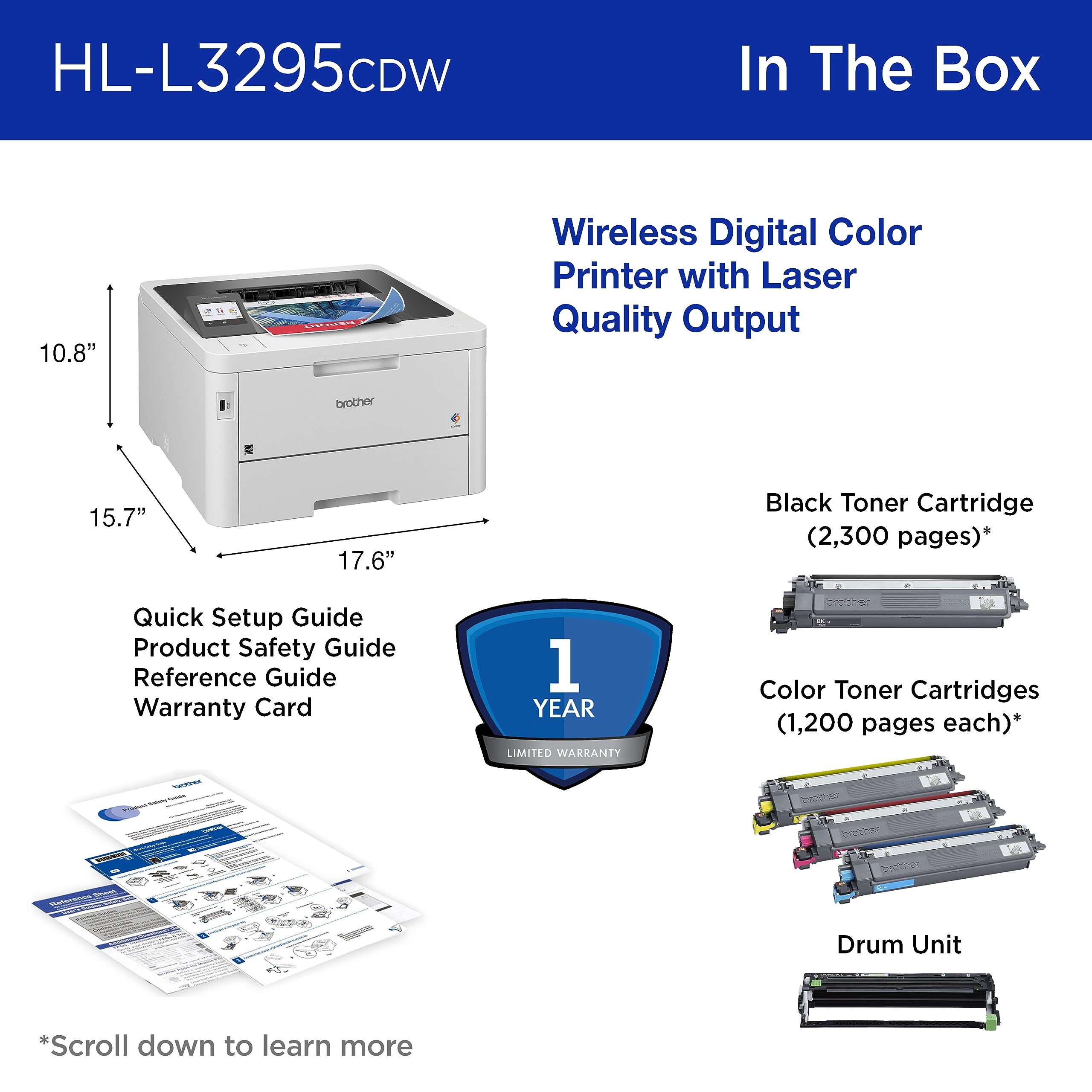Brother HL-L3295CDW Wireless Color Laser Printer with Duplex Printing, NFC, Mobile & Ethernet Connectivity - Includes 4-Month Refresh Subscription & Amazon Dash Replenishment - Ideal for Home Office, Small Business & Remote Work Printing Needs