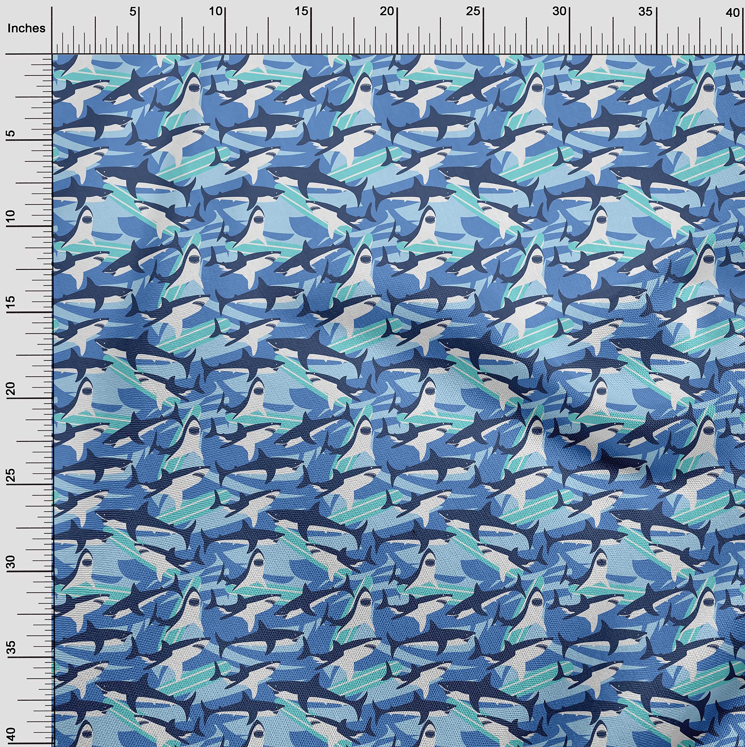 Premium Polyester Spandex Shark Print Fabric - Medium Blue Ocean Design, 56