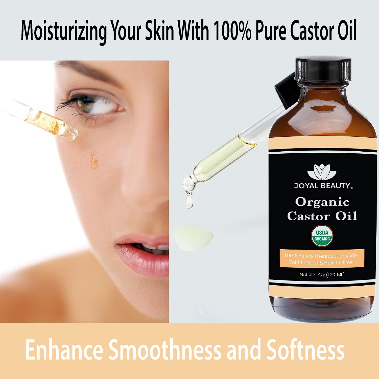 USDA Certified Organic Castor Oil - 100% Pure Cold Pressed Unrefined Hexane Free (4oz Glass Bottle) - Promotes Hair Growth, Eyelashes & Eyebrows - Natural Lash Serum for Face, Skin & Body Care - Includes Free Mascara Wand - Perfect for Nighttime Beauty Routine & DIY Hair Treatments