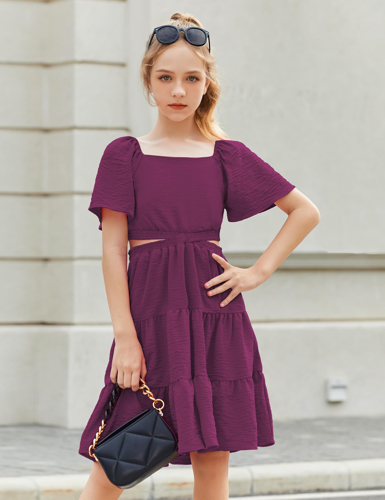 Arshiner Girls Square Neck Cut Out Shirred Party Dress - Cute Tween Summer Dress for Birthday, Photo Shoot & Special Occasions