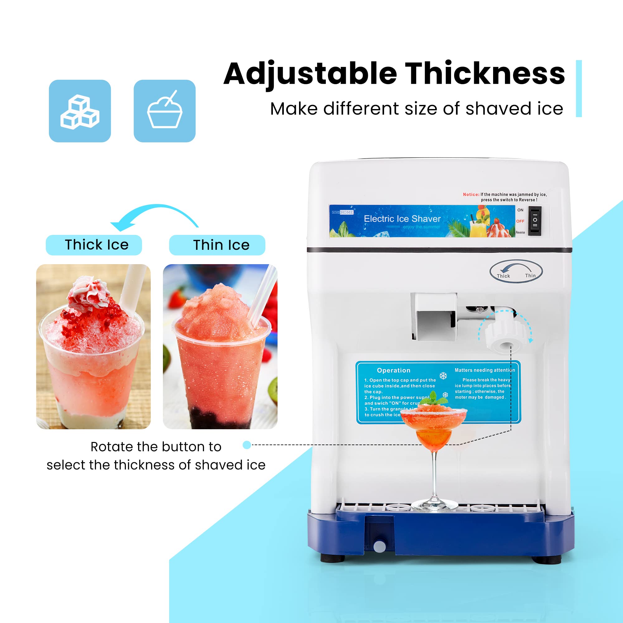 VIVOHOME Electric Ice Crusher Shaver Machine - 265lbs/hr Commercial & Home Use - Blue Snow Cone Maker for Parties, Bars, Restaurants & Summer Treats