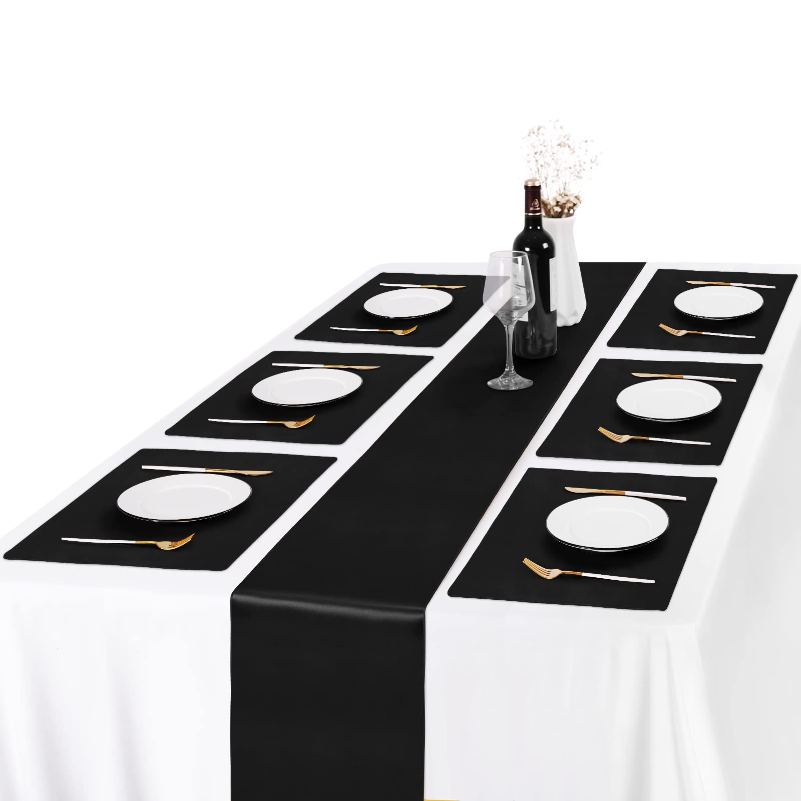 Premium 8-Piece Satin Placemats Set - Double Layer Silk Table Mats for Wedding, Banquet & Party Decor - Smooth Fabric Place Settings (19x14 Inches, Black) - Elegant Dining Table Accessories for Formal Dinners, Holiday Gatherings & Special Events