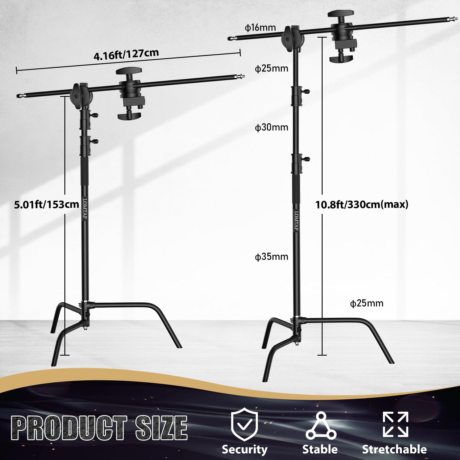 LOMTAP Heavy Duty 10.8ft C Stand with Boom Arm - Professional Stainless Steel Photography Light Stand Kit (330cm Vertical Pole, 128cm Boom Arm, Adjustable Base, Sandbag, 2 Grip Heads, 3 Clips) for Studio, Video, Photography, Softbox & Reflector Setup