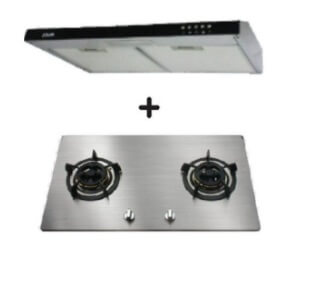 Ellane 60cm/90cm Slimline Range Hood with Black Glass Panel EH 9160 + Ellane OS 802SV 86cm 2 Burner Gas Cooktop - Modern Kitchen Ventilation System for Home Cooking