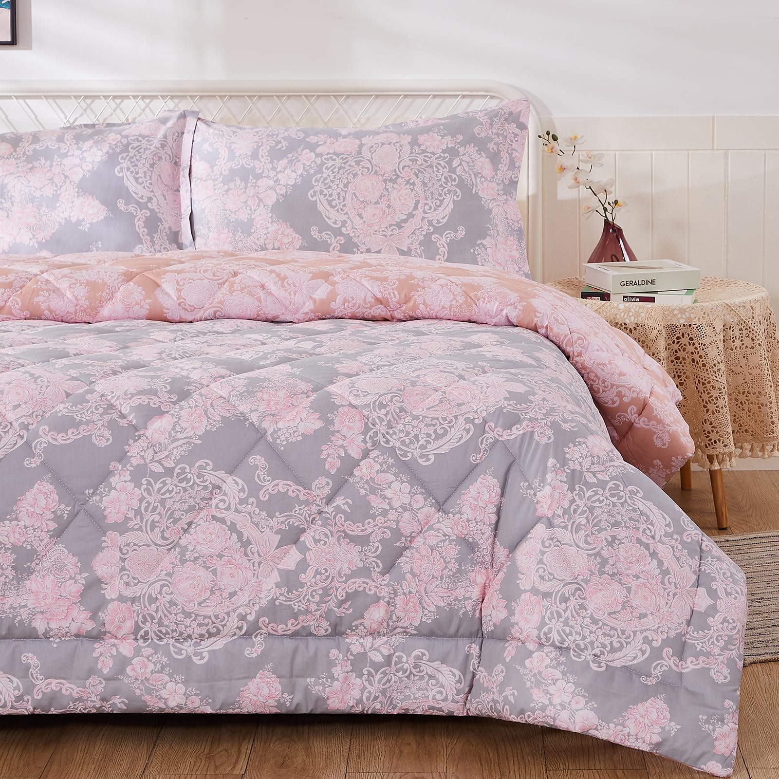 Brandeam Full Size Comforter Set - 100% Cotton Pink & Grey Damask Floral Quilted Bedding | Lightweight 3-Piece Comforter Set for Queen/King Beds | Perfect for Master Bedroom, Guest Room & Dorm Decor