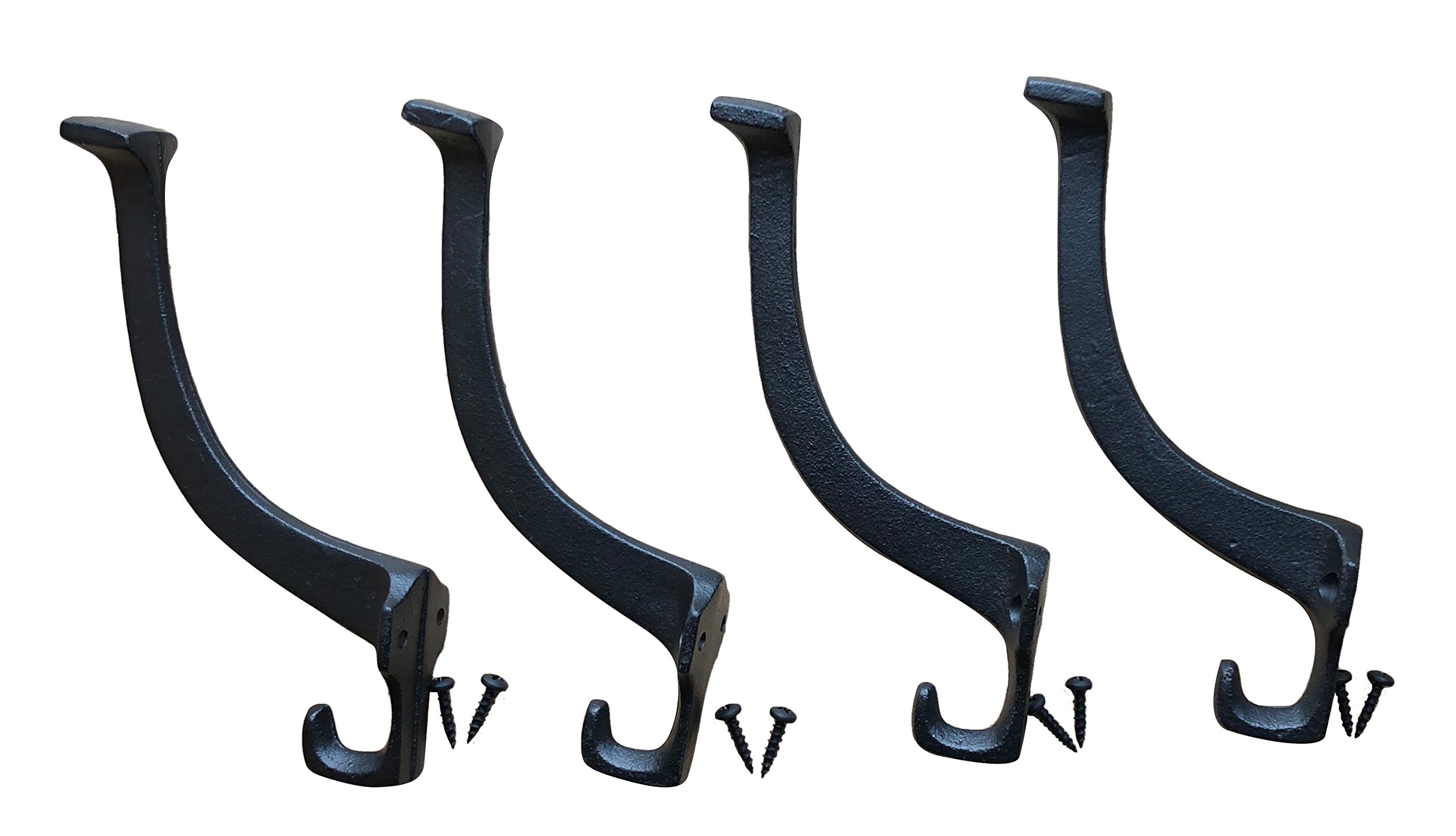 Set of 4 Black Rustic Wrought Iron Coat Hooks - Farmhouse Wall Mounted Entryway Hooks (5.75