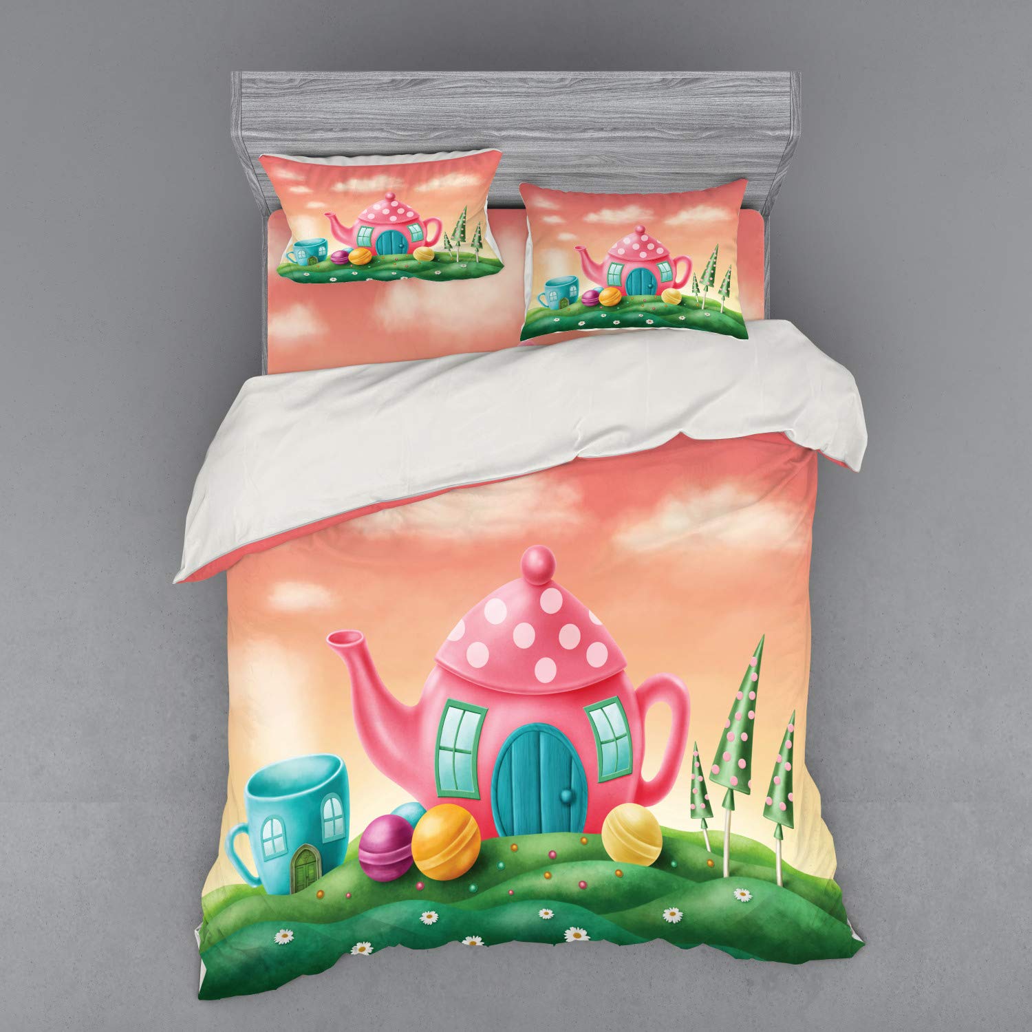 Ambesonne Fantasy Bedding Set 4-Piece - Polka Dot Teapot & Coffee Cup Design with Lollipops, California King Duvet Cover, Shams & Fitted Sheet in Fern Green & Coral - Whimsical Bedroom Decor for Teens & Adults