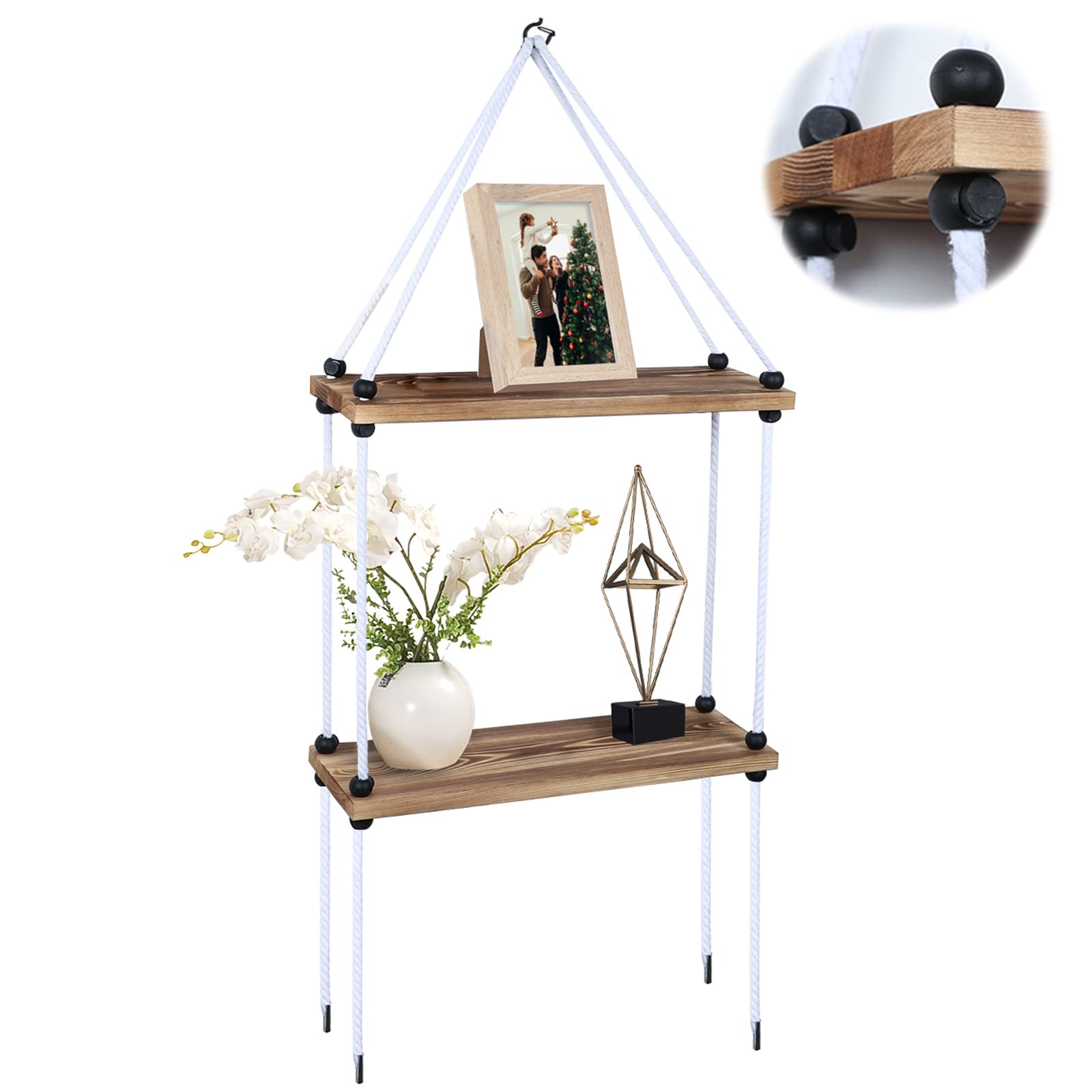 2-Tier Solid Wood Hanging Plant Shelf - Adjustable Macrame Wall Shelf with Cord Lock & Hook - Boho Floating Shelves for Bathroom, Bedroom, Living Room - Perfect for Indoor Plants, Books & Home Decor - Brown