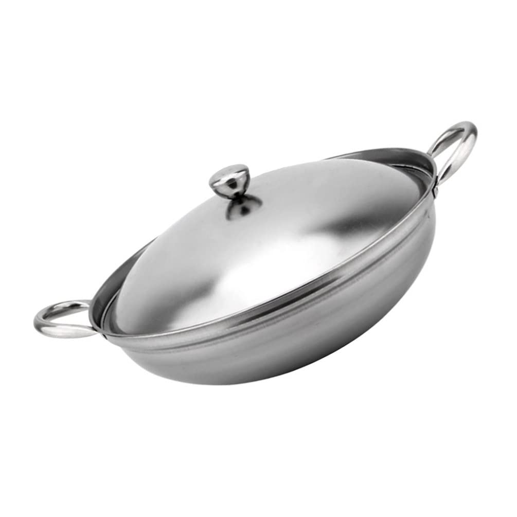 Hemoton 22cm Stainless Steel Chinese Wok Pan with Lid - Double Handle Stir Fry Skillet for Home Cooking, Outdoor Picnic & Camping - Durable Kitchen Cookware for Asian Cuisine, Stir Frying & Deep Frying