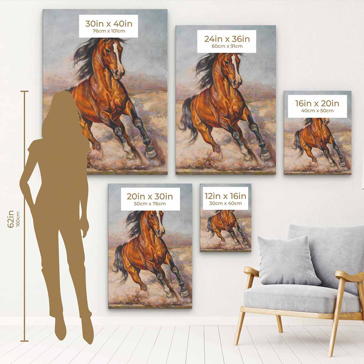 Brown Fast and Free Horse Wall Art Canvas Print 9044 - Modern Equestrian Decor for Living Room, Bedroom & Office