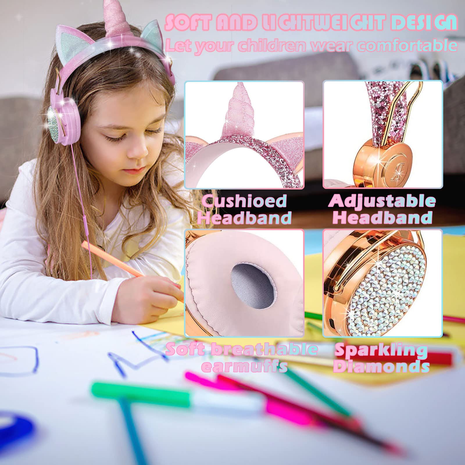 SVYHUOK Cat Ear Headphones for Kids Girls Teens - Cute Wired On-Ear Headset with Microphone, 3.5mm Jack - Perfect for School, Travel, Gaming & Birthday/Xmas Gifts (Princess Pink)