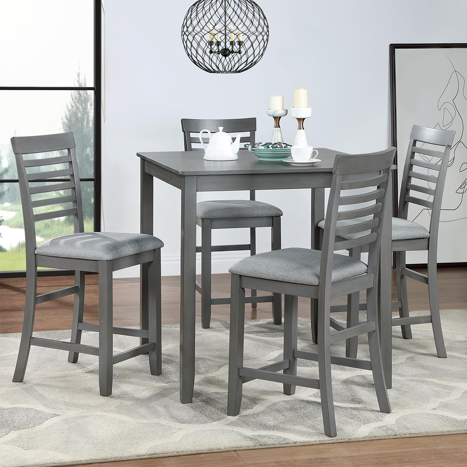 **Merax 5-Piece Counter Height Dining Table Set for 4 - Square Kitchen Table with 4 Linen Upholstered Chairs, Wooden Small Space Dining Set in Gray - Perfect for Apartments, Breakfast Nooks & Cozy Kitchens**
