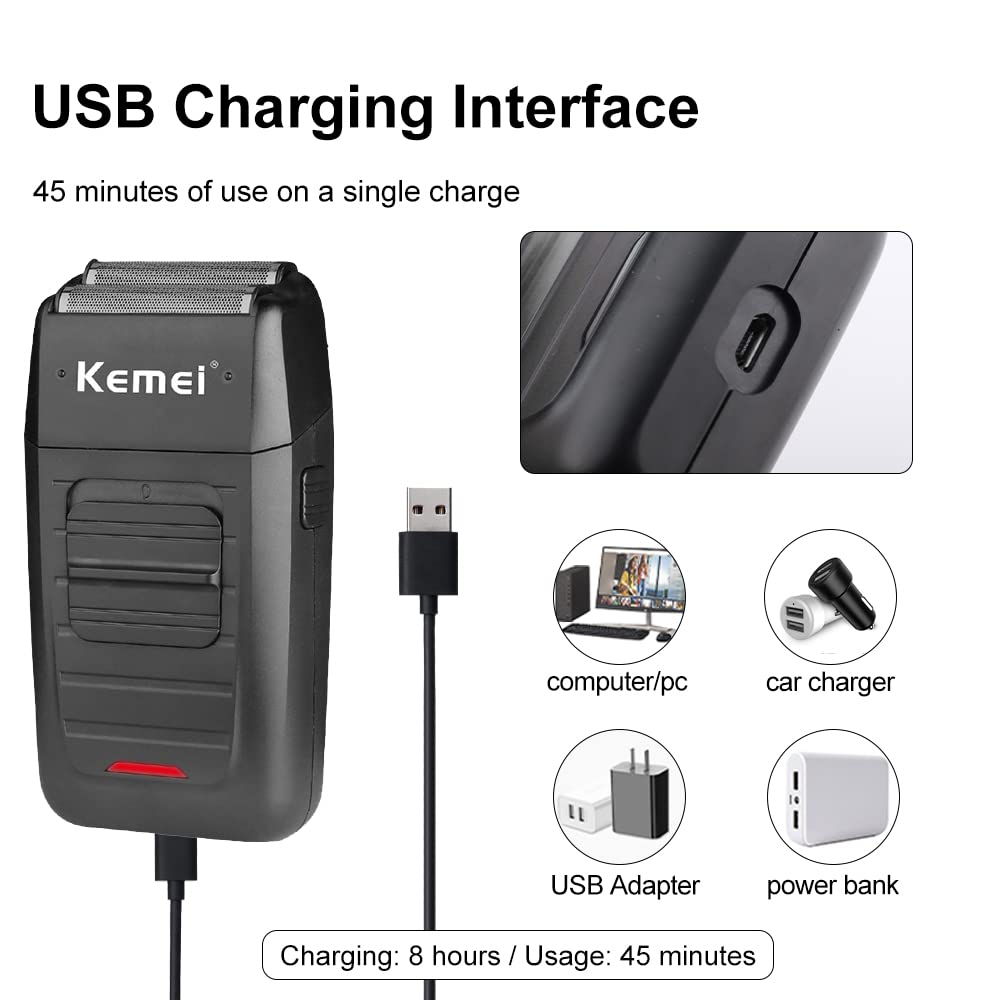 Kemei Cordless Electric Razor for Men - Rechargeable Beard Trimmer with Twin Blades, Precision Sideburn & Grooming Kit - Perfect for Travel, Home & Professional Use