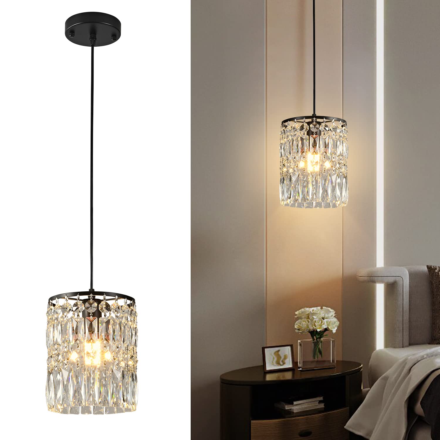 Modern Black Linear Crystal Chandelier - Raindrop Island Pendant Light Fixture for Kitchen, Dining Room, Hallway, Bedroom & Living Room Ceiling (1-Pack) | Elegant Lighting for Home Decor & Interior Design