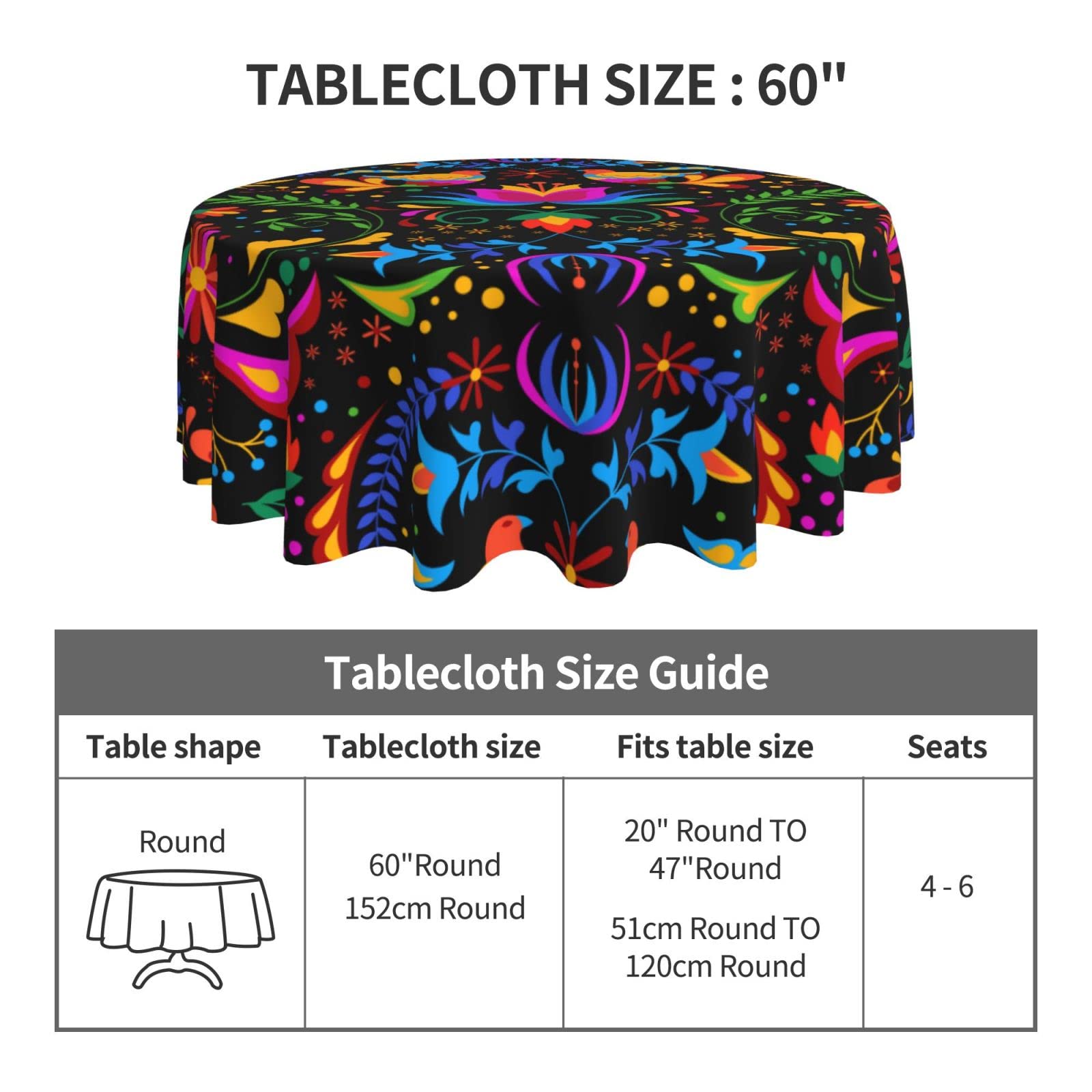 60 Inch Round Black Mexican Bird Flower Tablecloth - Spill Proof & Durable for Dinner Parties, Picnics, Camping & Mexican Themed Decor | Washable Table Cover for Indoor & Outdoor Use