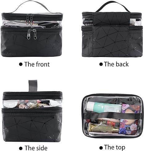 R RUNILEX Double Layer Large Clear Makeup Bag - Water-Resistant Travel Cosmetic Case & Toiletry Organizer for Women | Perfect for Camping, College, Gym & Daily Use (Black)