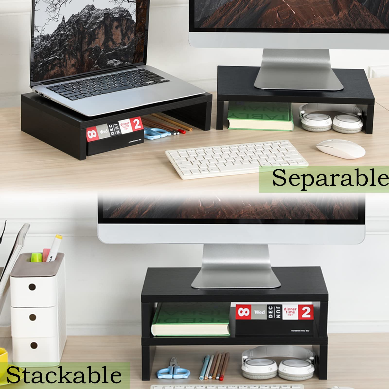 TEAMIX 2 Pack Adjustable Wood Monitor Stand Riser - Dual Tier Desk Organizer for Computer Monitors, Laptop & PC Accessories - Perfect for Home Office, Gaming Setup & Workspace Organization (Black)