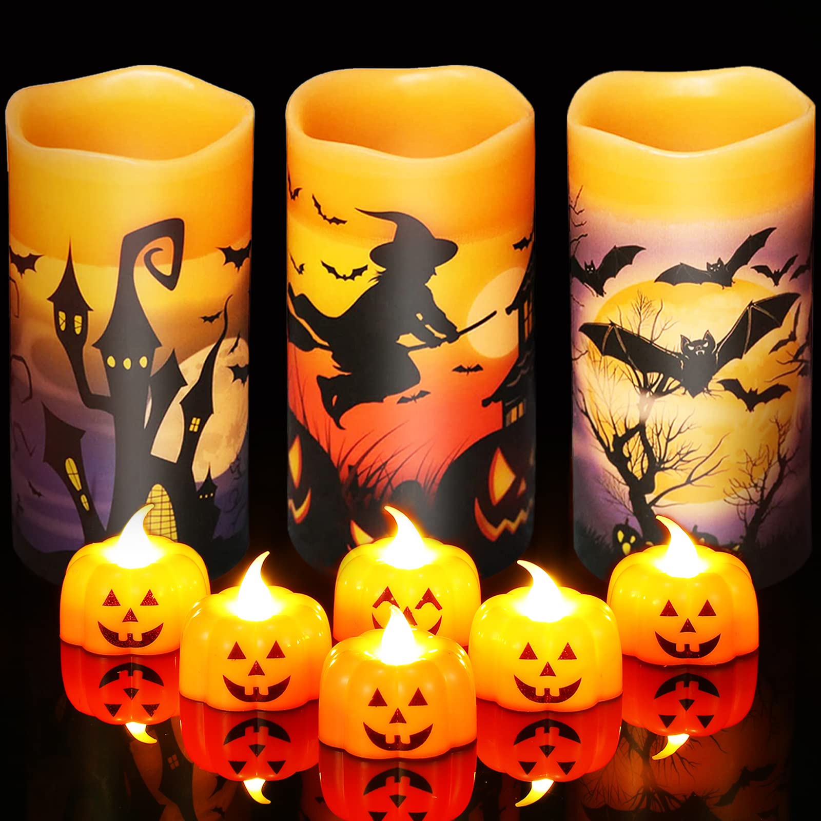 3 Pack Halloween Flameless LED Candles - Battery Operated Wax Candles with 6 Pumpkin Lights Set for Home, Party & Holiday Decorations - Witch Themed Spooky Decor for Table Centerpieces, Mantel Displays & Outdoor Halloween Displays
