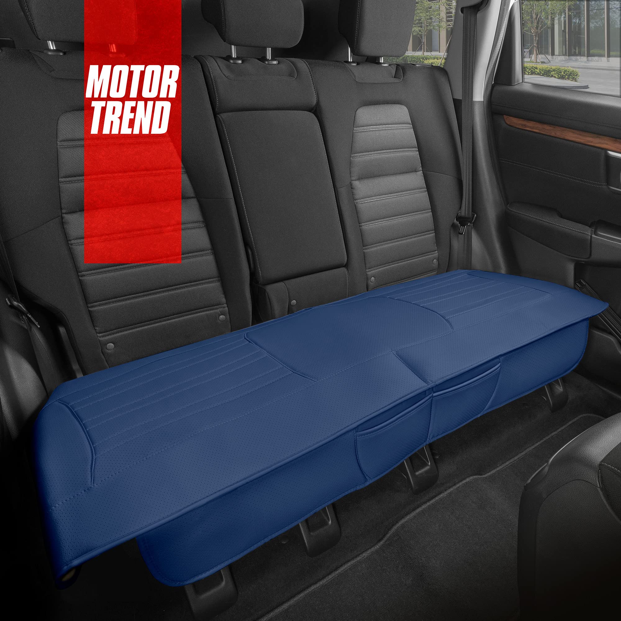 Motor Trend Faux Leather Car Seat Cover for Cars, Trucks & SUVs - Blue Padded Rear Bench Cover with Storage Pockets | Premium Interior Protection for Road Trips & Daily Commute
