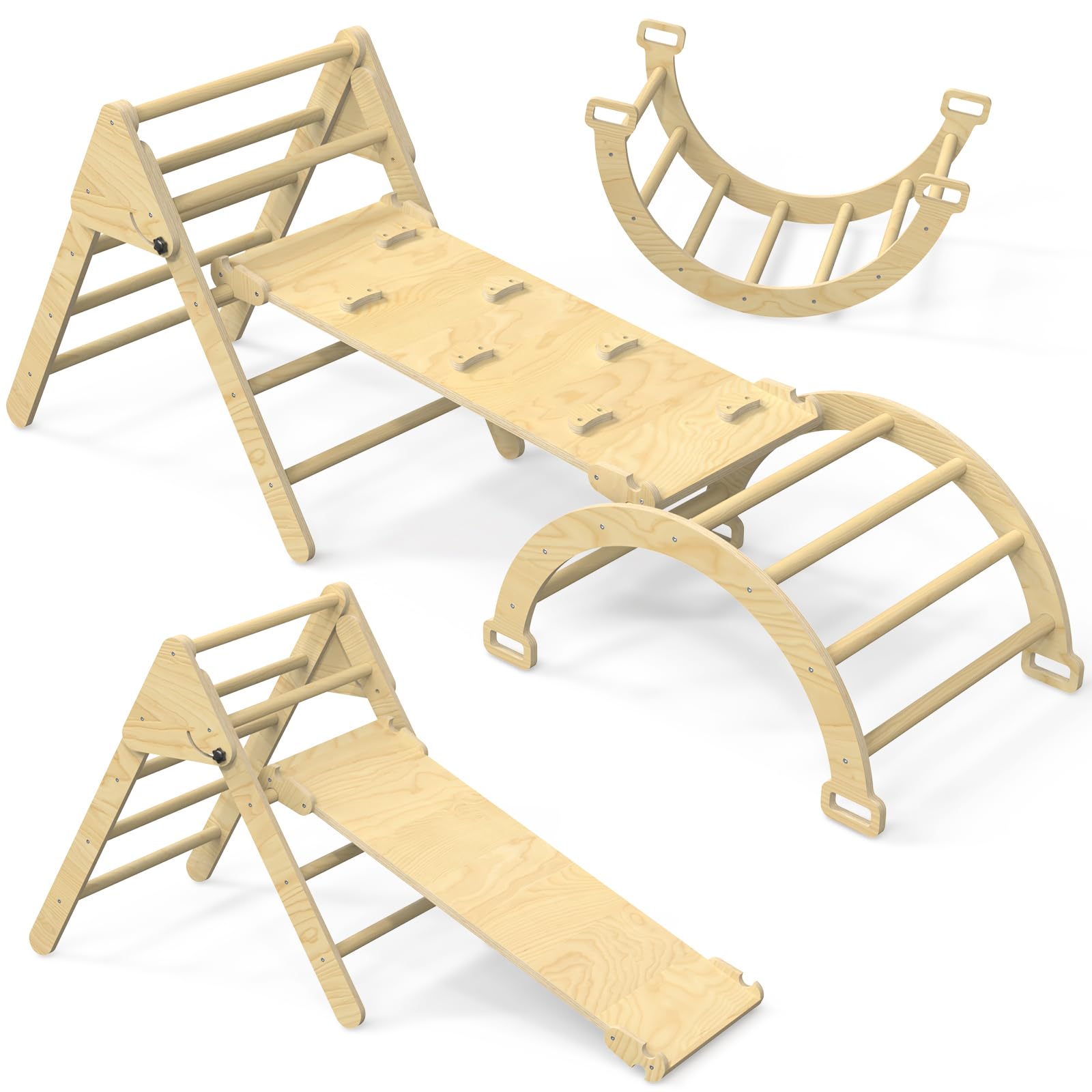 5 in 1 Pikler Triangle Set - Montessori Foldable Climbing Toys for Toddlers 1-7 Years | Kids Indoor Play Gym with Ramp, Arch Rocker & Triangle | Perfect for Home Playroom, Daycare & Preschool Development Activities