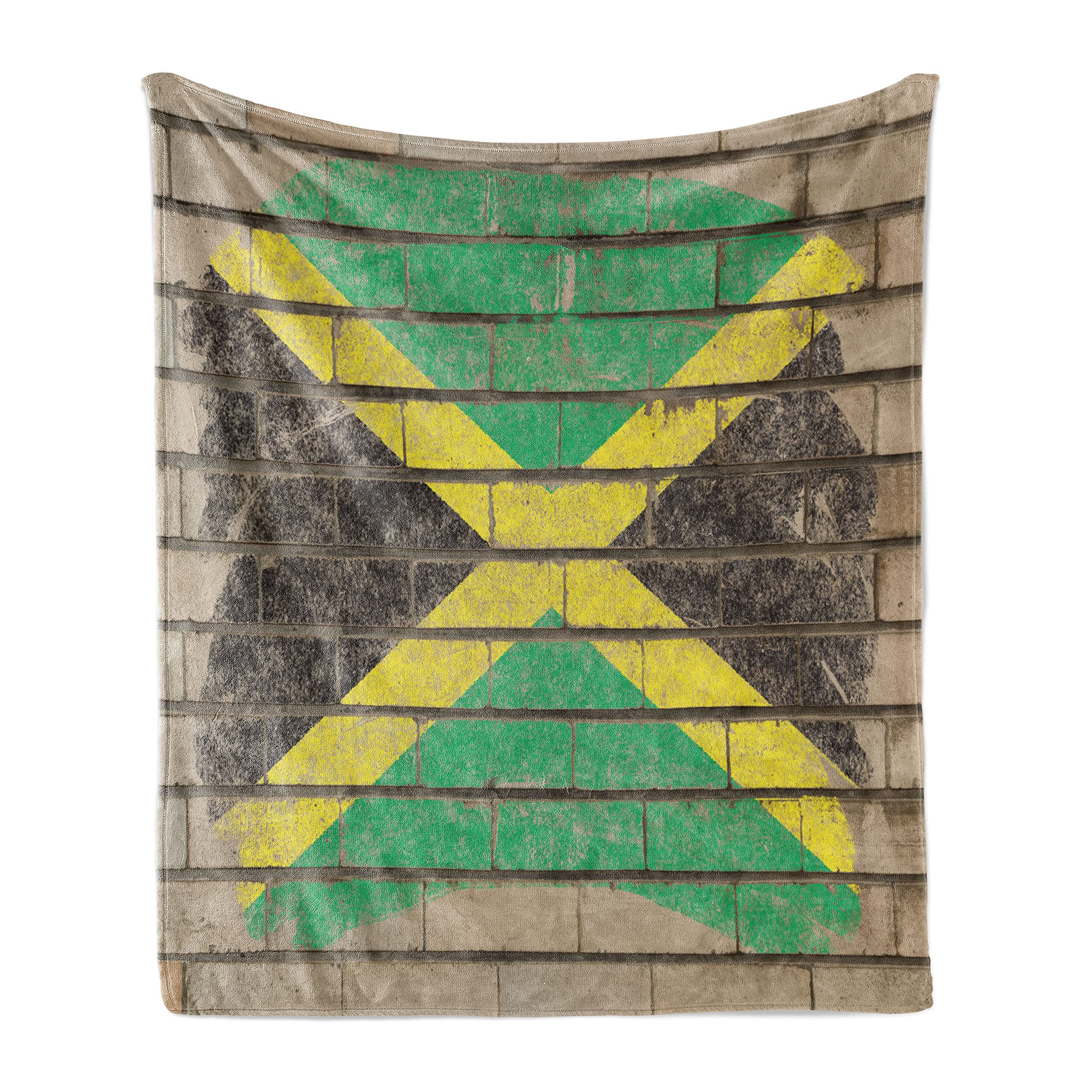 Ambesonne Jamaican Throw Blanket - Caribbean Flag Design with Chalk Effect & Grunge Brick Pattern | Soft Flannel Fleece Accent Blanket for Couch, Bed, Sofa | 60