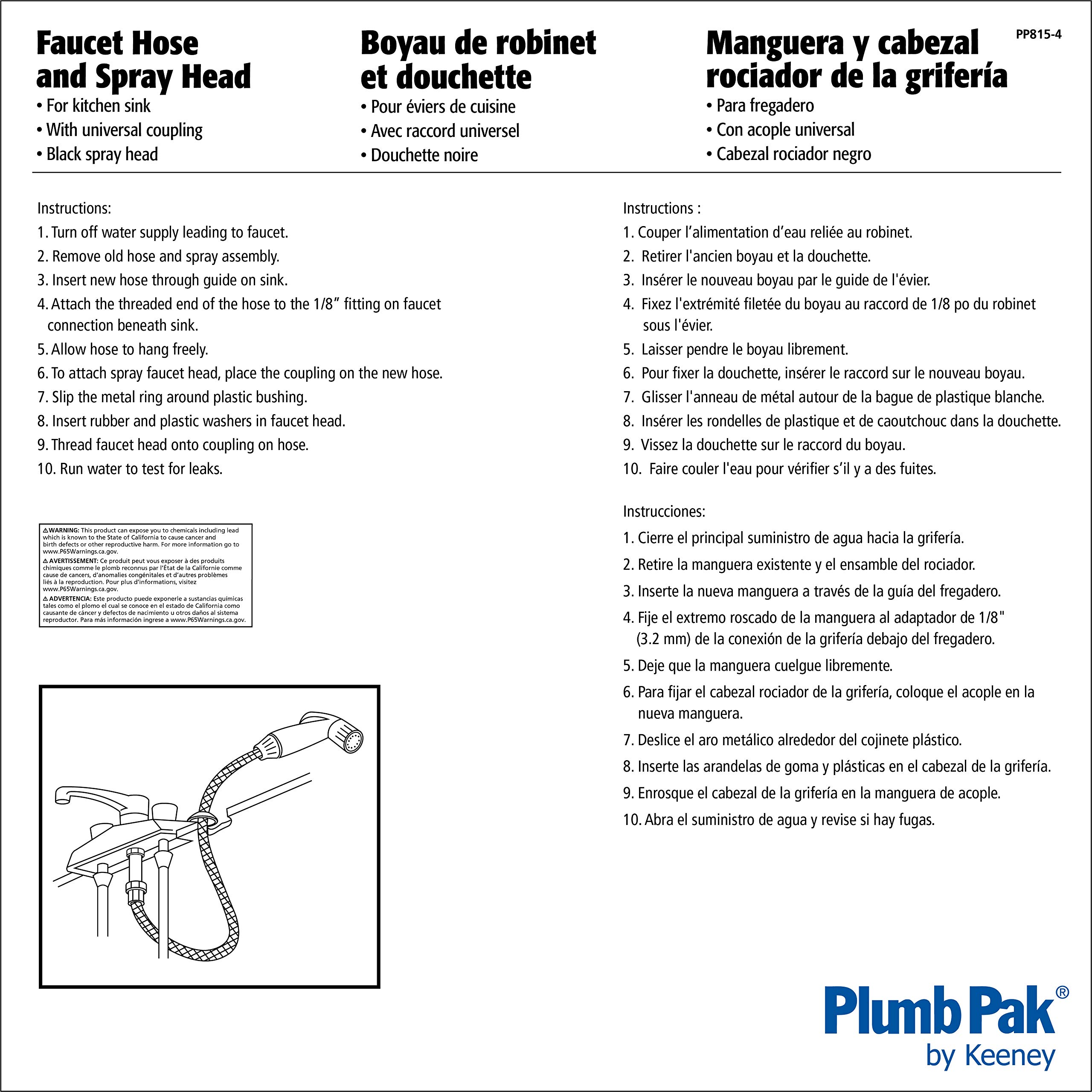 Plumb Pak 53-Inch Black PP815-4 Plastic Sink Sprayer with Long Hose - Perfect for Kitchen Sink Cleaning, Dish Washing & Faucet Replacement