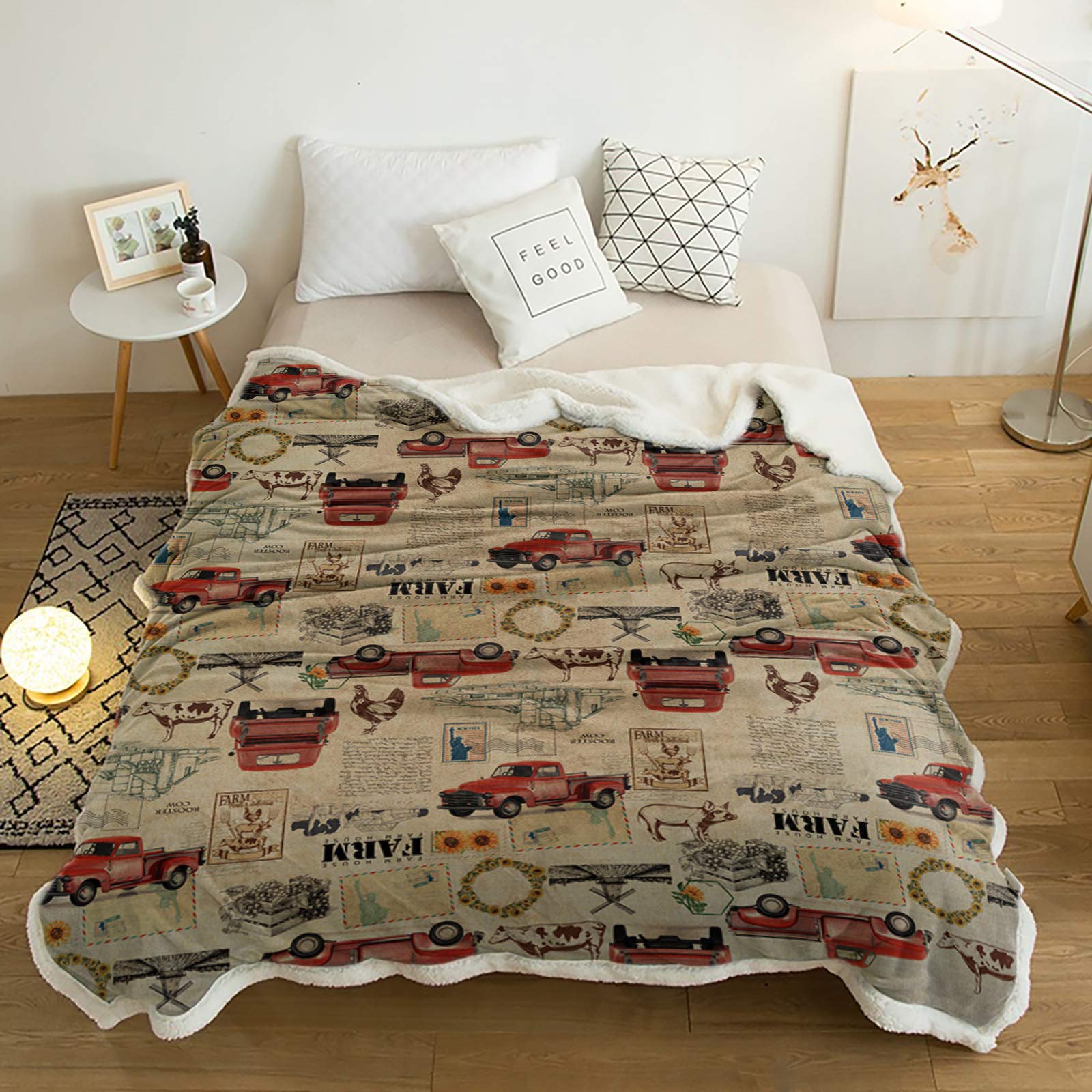 T&H XHome Sherpa Fleece Throw Blanket - Ultra Soft & Warm Reversible Microfiber Blanket (60x80 Inches) for Bed, Couch, Sofa - Farmhouse Truck & Cow Rooster Design - Perfect for Home Decor, Travel & All Seasons