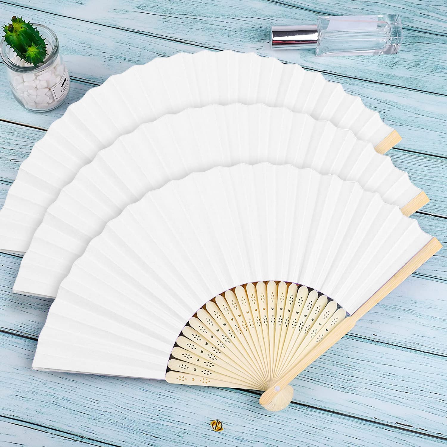 FEPITO 20 Pack White Handheld Bamboo Paper Folding Fans - Elegant Wedding Favors, Party Decorations & Home Decor Accessories | Perfect for Bridal Showers, Summer Events, and Asian-Themed Decor