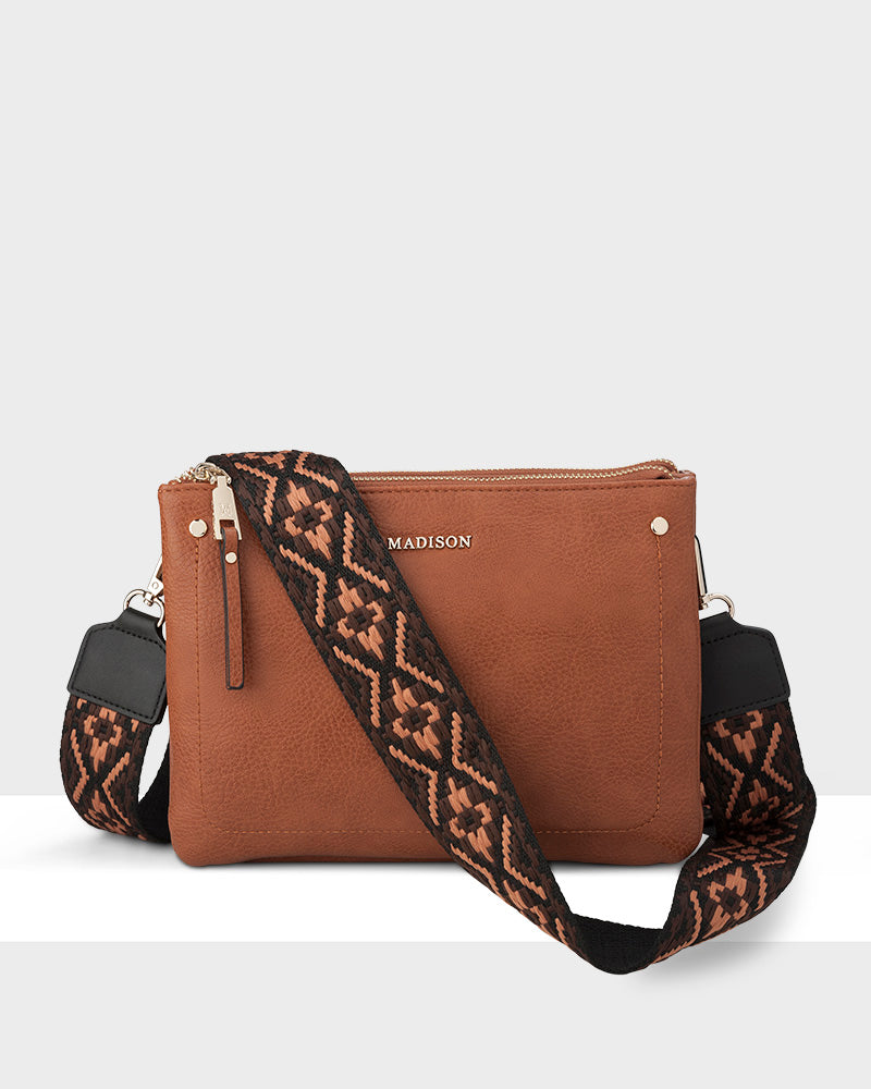 Charlotte Double Zip Crossbody Bag with Adjustable Aztec Print Strap - Stylish & Functional Purse for Women, Perfect for Travel, Work & Everyday Use