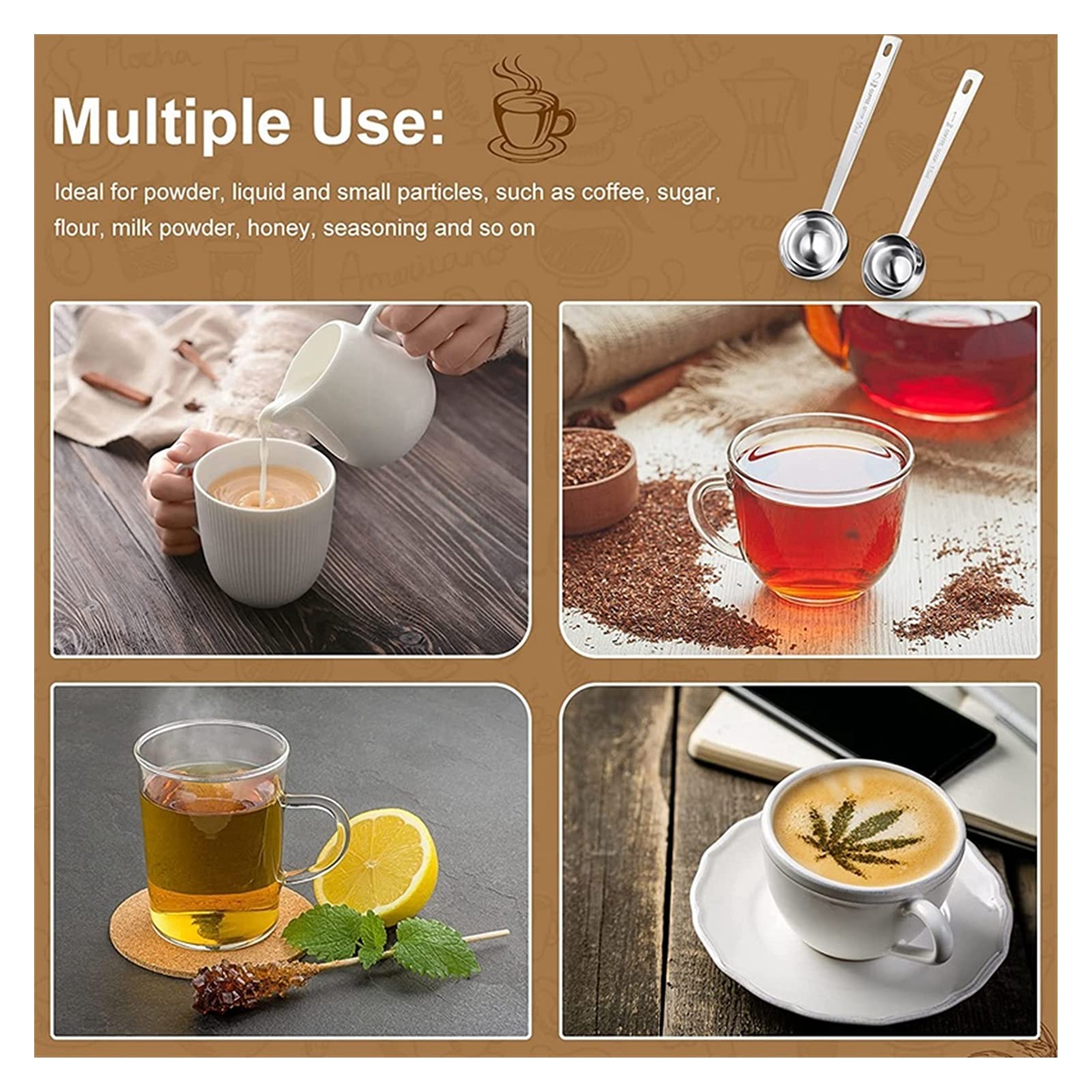 Stainless Steel Coffee Scoop Set of 4 - Measuring Spoons for Coffee, Tea, Flour & Sugar - Silver & Rose Gold Kitchen Accessories - Perfect for Home Barista, Baking & Coffee Shops