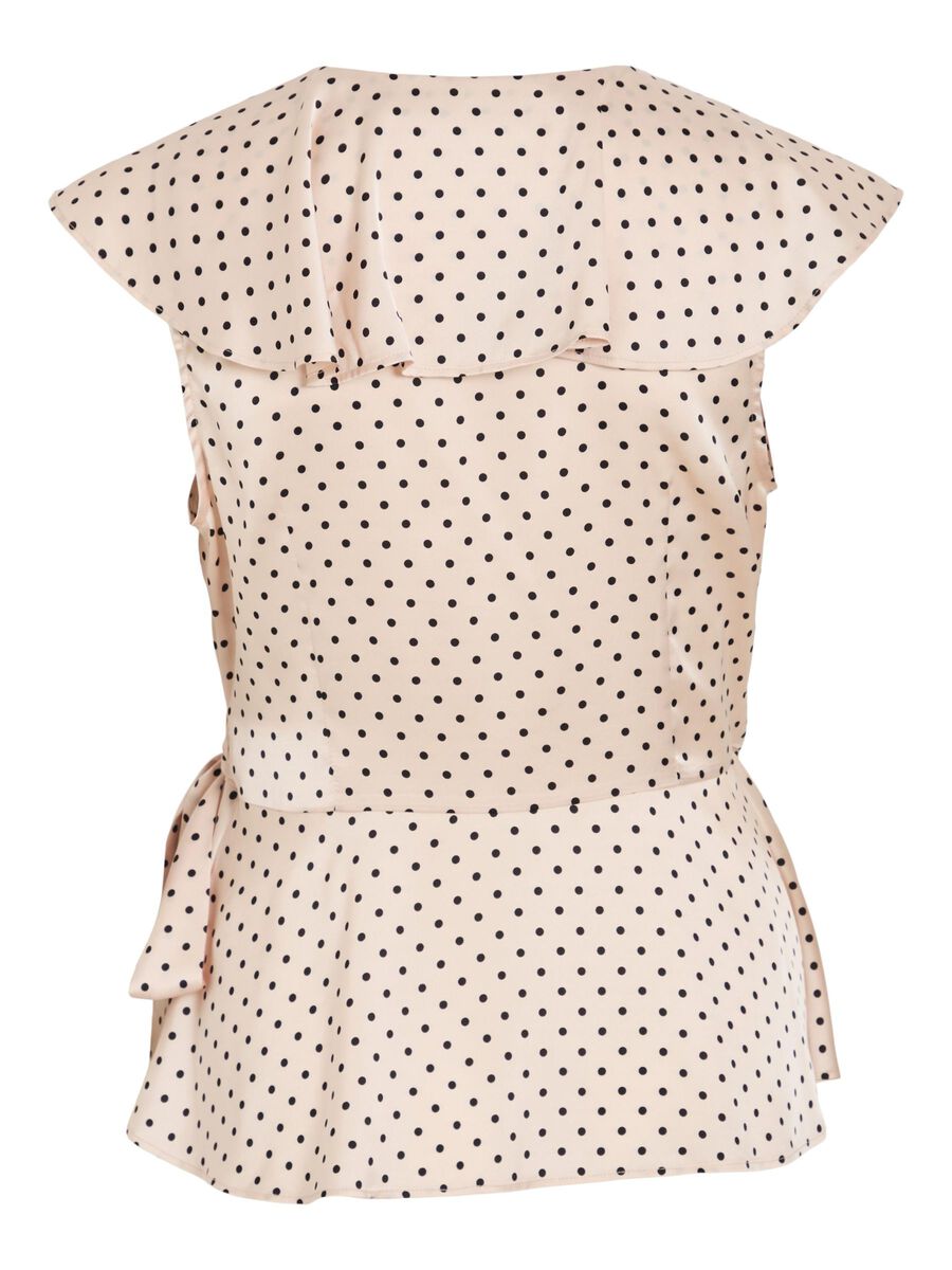 Kimberly Wrap Top Women's Blouse - Peach Whip with Black Polka Dots | Floral Print Wrap Shirt for Casual Wear, Office Outfits & Spring Summer Fashion