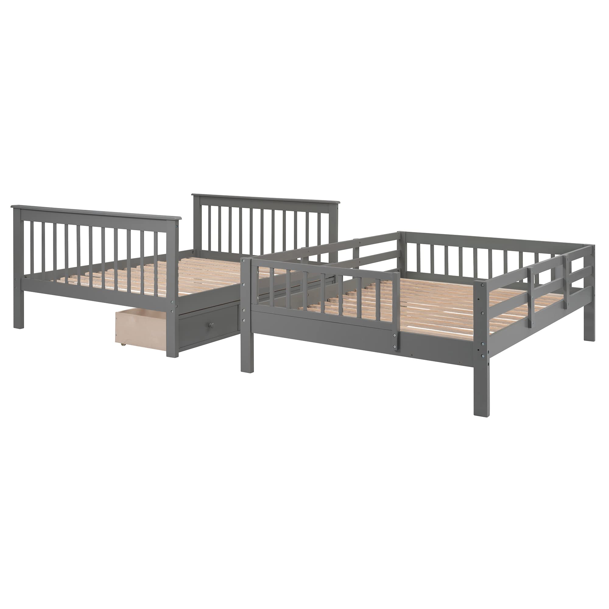 P PURLOVE Full Over Full Bunk Bed with Storage & Stairs - Convertible to 2 Twin Beds for Teens & Adults - Space Saving Solution for Small Rooms