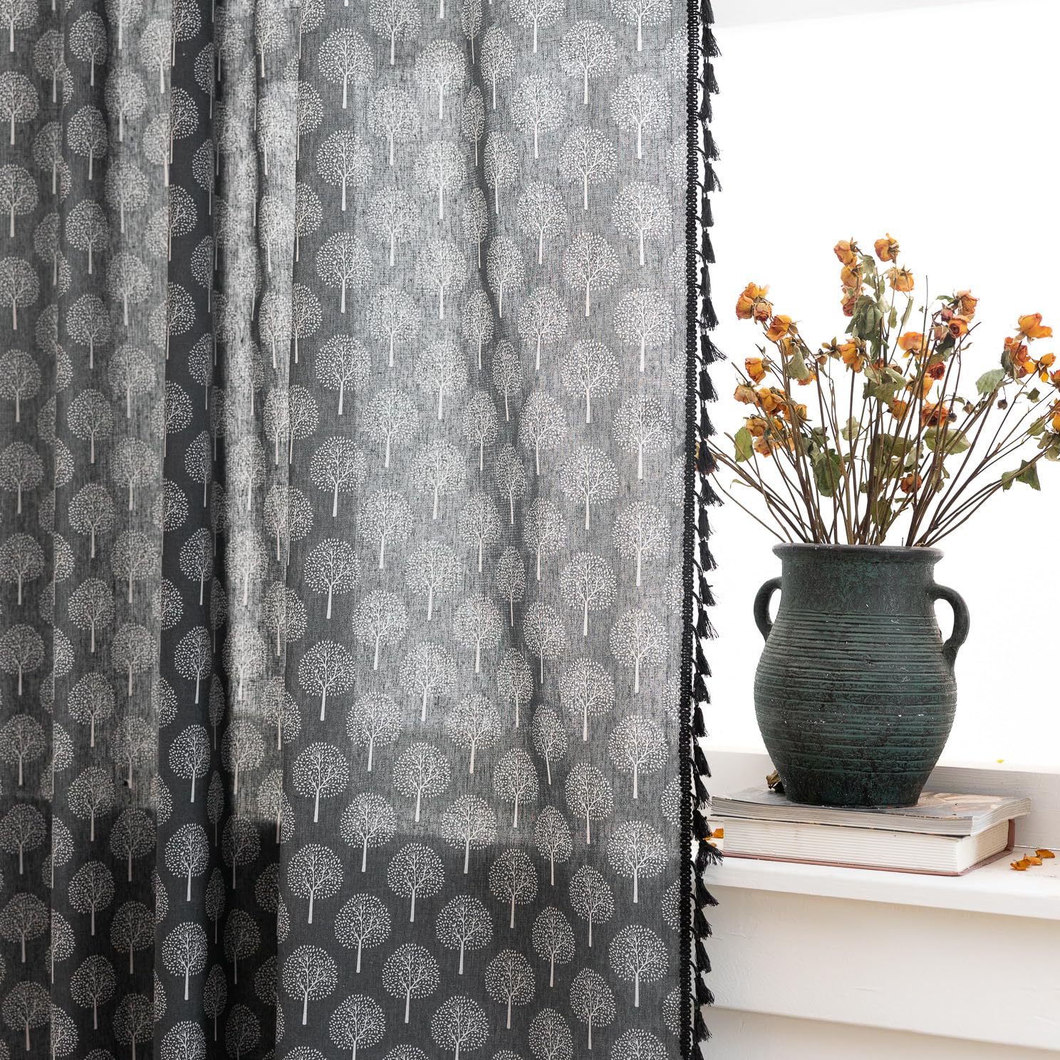 ABREEZE Blackout Curtains - Boho Black & White Tree Print with Tassels, 59x63 Inch 2 Panels, Cotton Blend Rod Pocket Window Drapes for Living Room & Bedroom - Perfect for Nursery, Dorm, or Home Office Decor
