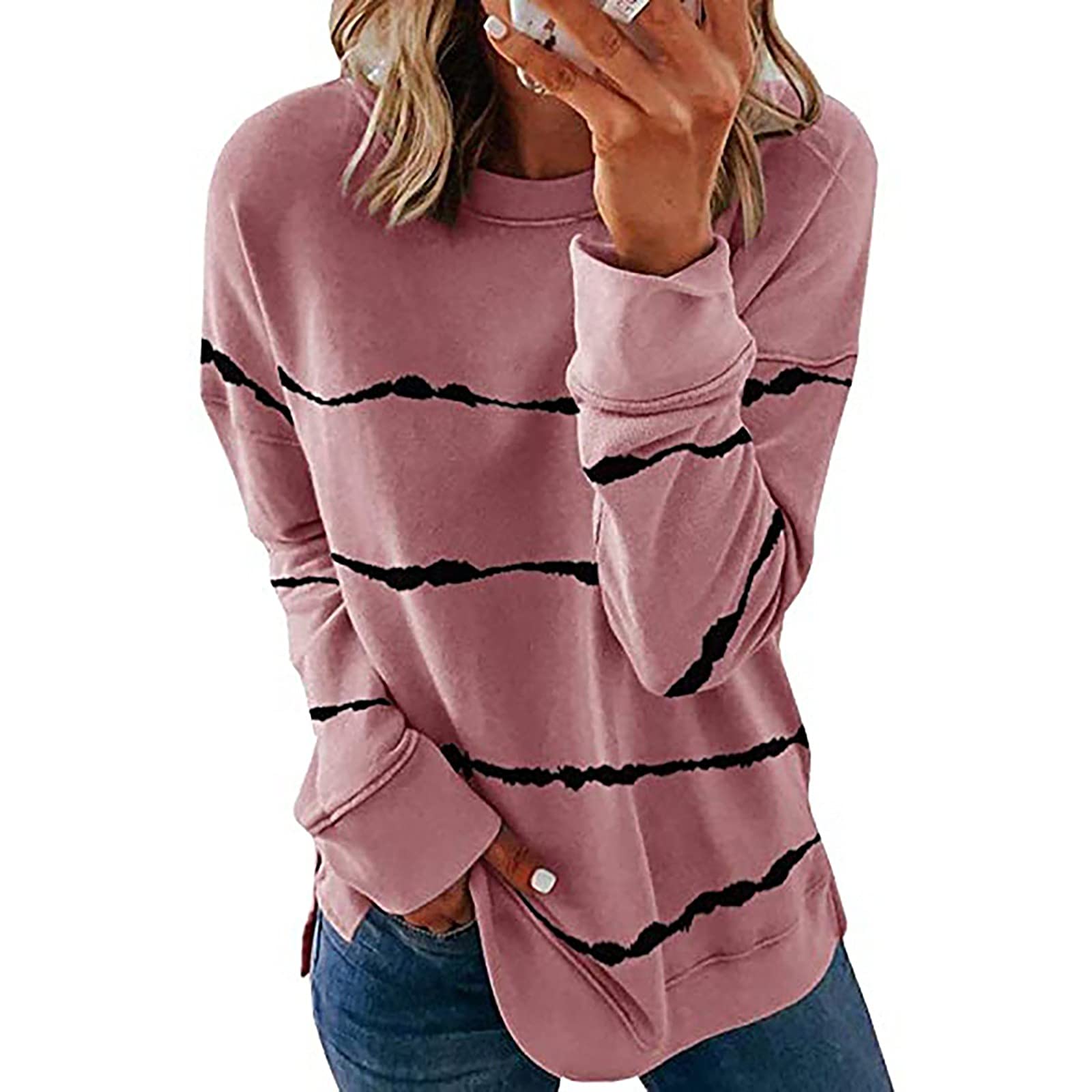 ZEFOTIM Women's Trendy Contrast Color Striped Tunic Blouse - Loose Fit O-Neck Long Sleeve Spring Top for Casual Wear, Office & Date Night Outfits